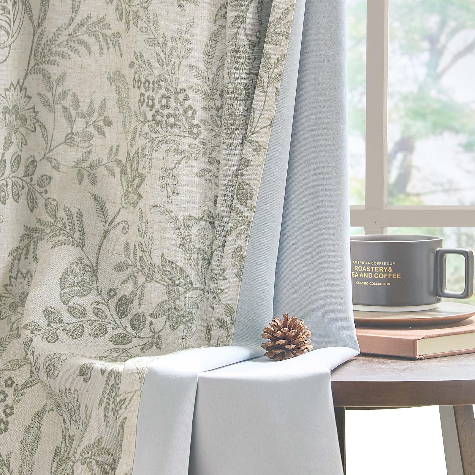 Lazzzy Linen Farmhouse Curtains for Living Room 84 Inch Length Floral Print Window Curtains Semi Sheer Drapes for Bedroom Country Light Filtering Curtain Grommet Top 2 Panels Blue on Beige