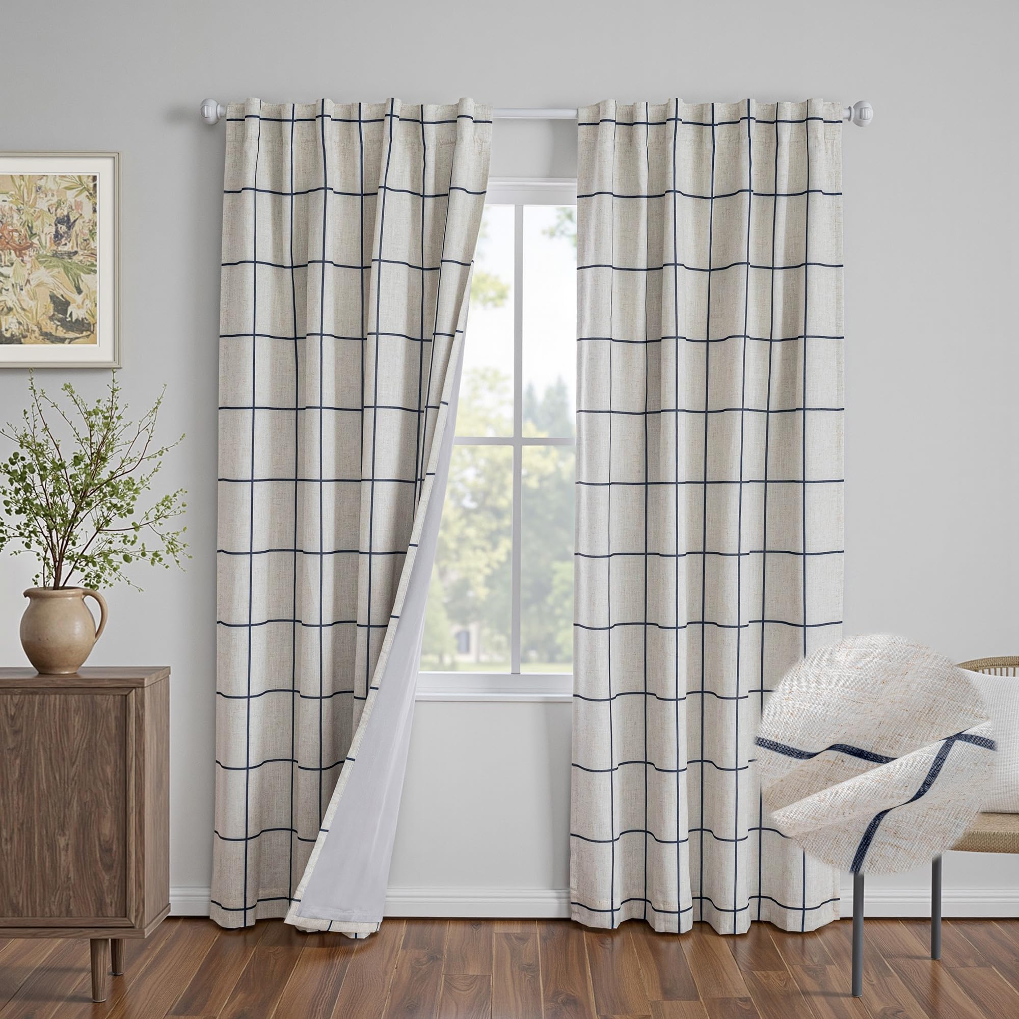 MYSKY HOME 100% Blackout Plaid Farmhouse Linen Curtains 84 Inch Long 2 Panels Set for Living Room Double Layer Windowpane Drapes Thermal Insulated Privacy Protection Rod Pocket Back Tab, 52" W, Black