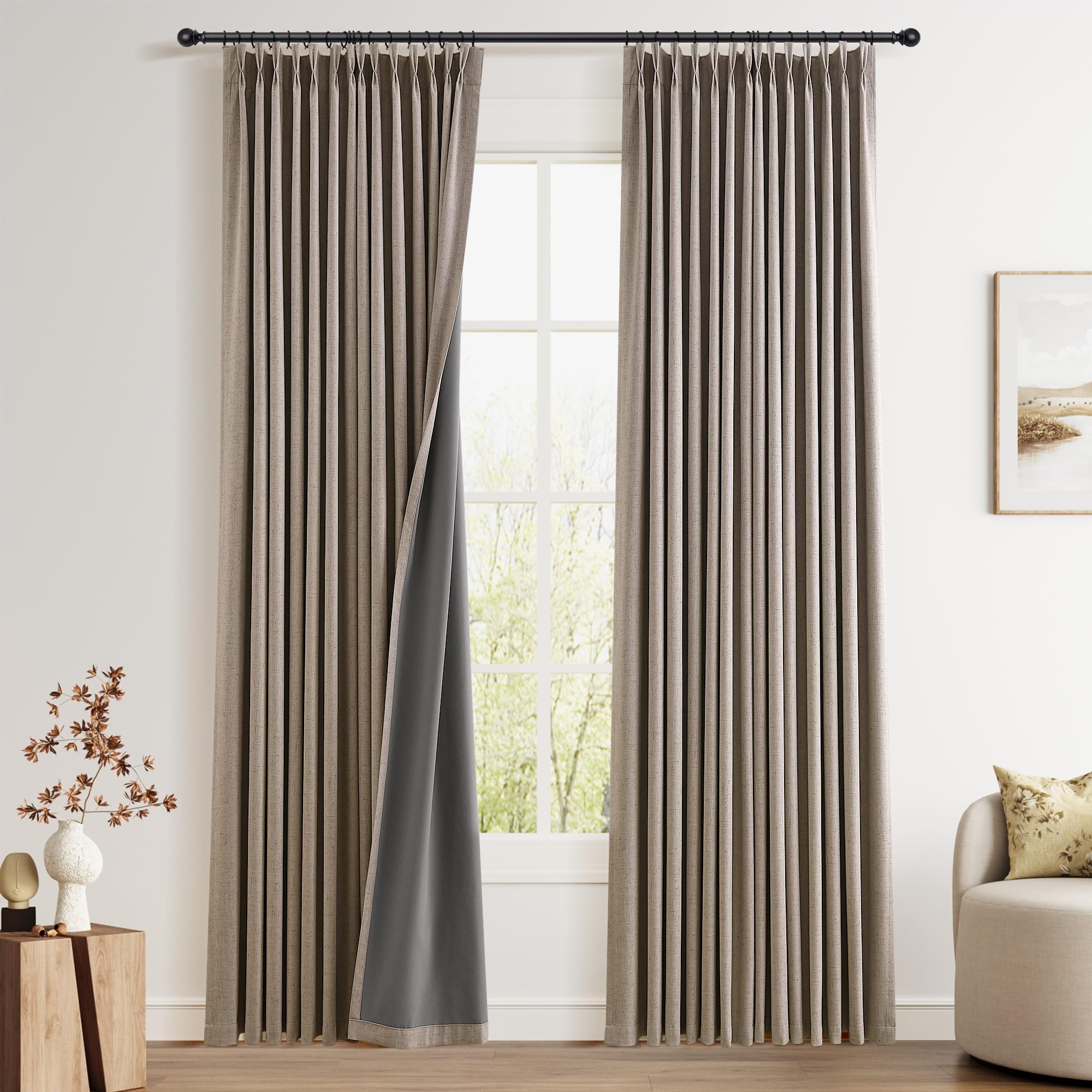 100% Blackout Sage Green Linen Curtains Pinch Pleated Green Blackout Curtains 84 Inches Long for Bedroom Living Room Memory Shaped Thermal Insulated Pinch Pleat Drapes with Hooks Rings Clips 7FT
