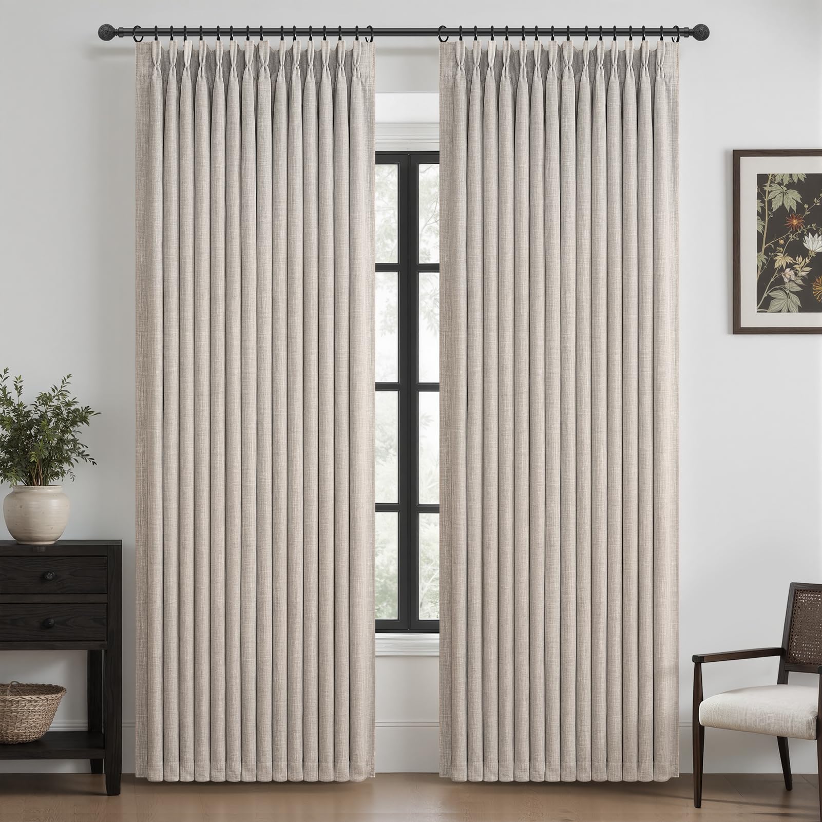 100% Blackout Linen 96 Inch Curtains 2 Panel Set for Bedroom, Modern Pinch Pleated Natural Linen Off Beige White Insulated Heavy Curtain 40 x 96 Inches Length Sliding Glass Door Room Darkening Drapes