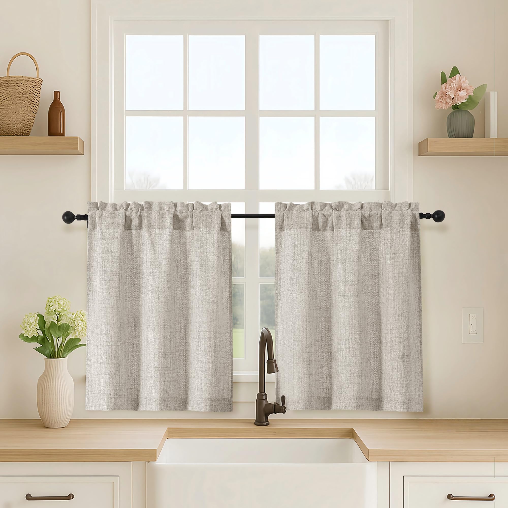 OVZME Kitchen Curtains 24 Inch Length, Light Filtering Faux Linen Textured Small Cafe Curtains, Short Window Curtain Tiers for Cabinet Bathroom Basement RV Camper, 30Wx24L Inch, 2PCS, Terracotta