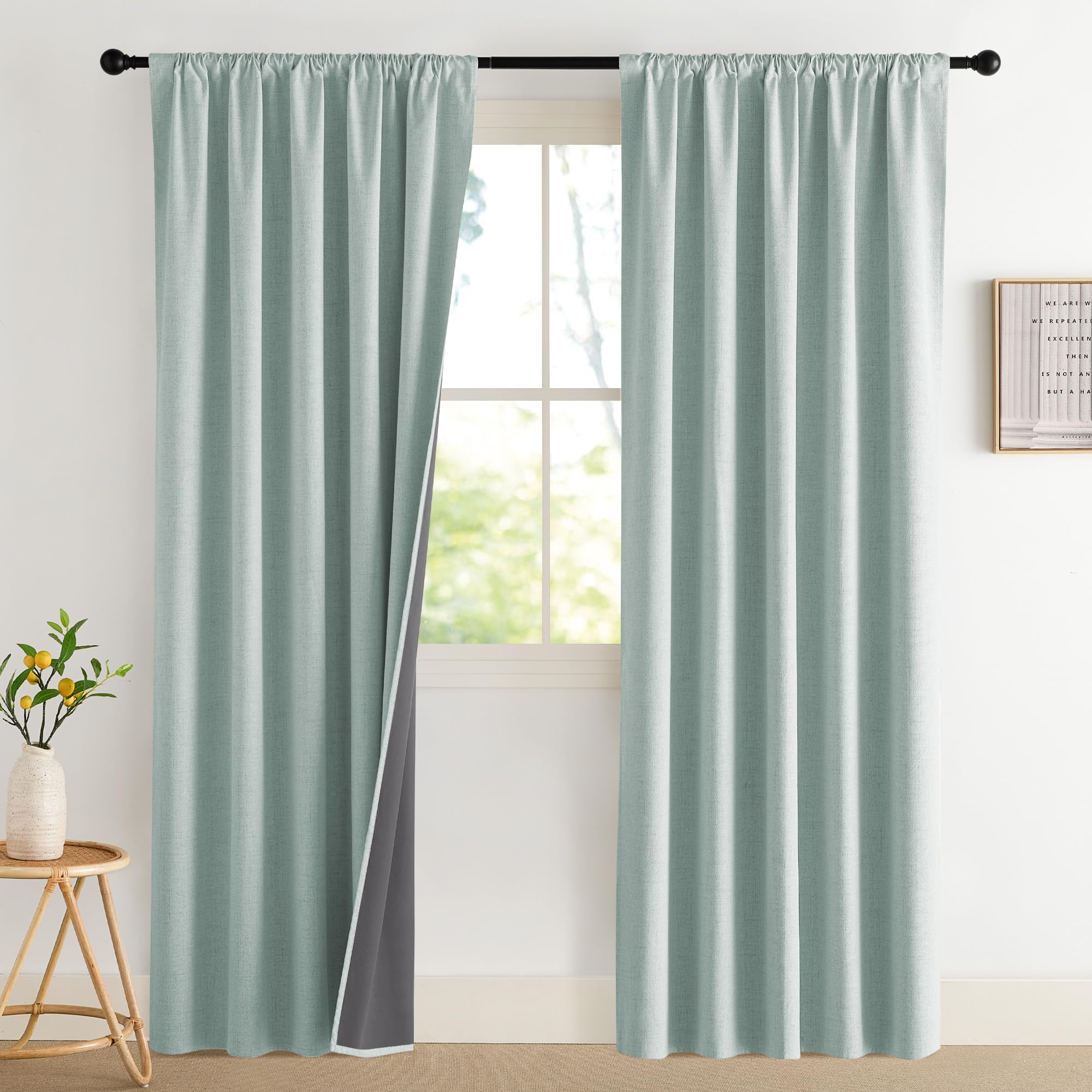 NICETOWN 100% Blackout Curtains for Bedroom, Living Room - Linen Textured Thermal Insulated Drapes Rod Pocket Top, Black Out Curtains with Grey Liner for Privacy, Natural, W52 x L80 in, 2 Panels