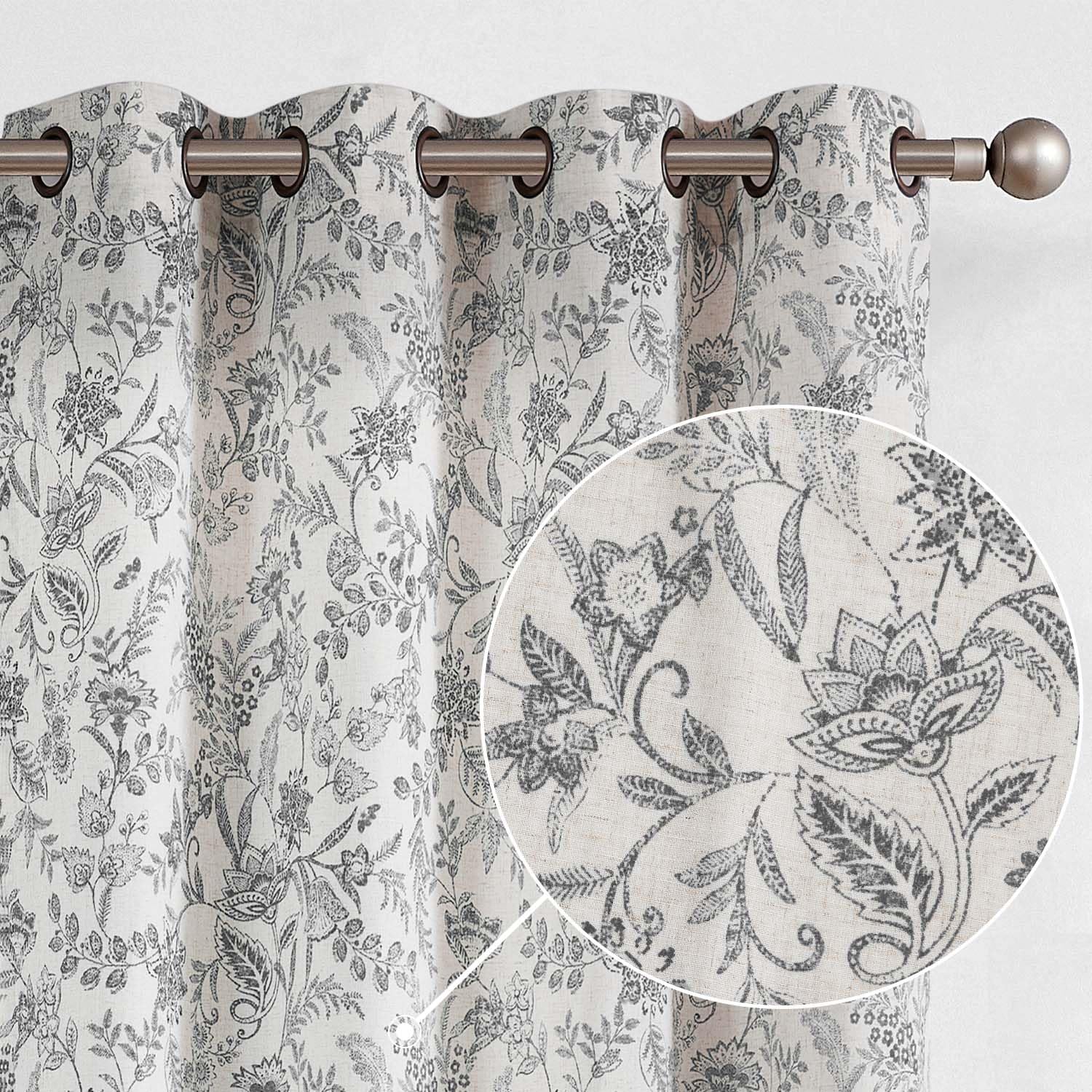 Lazzzy Linen Farmhouse Curtains for Living Room 84 Inch Length Floral Print Window Curtains Semi Sheer Drapes for Bedroom Country Light Filtering Curtain Grommet Top 2 Panels Blue on Beige