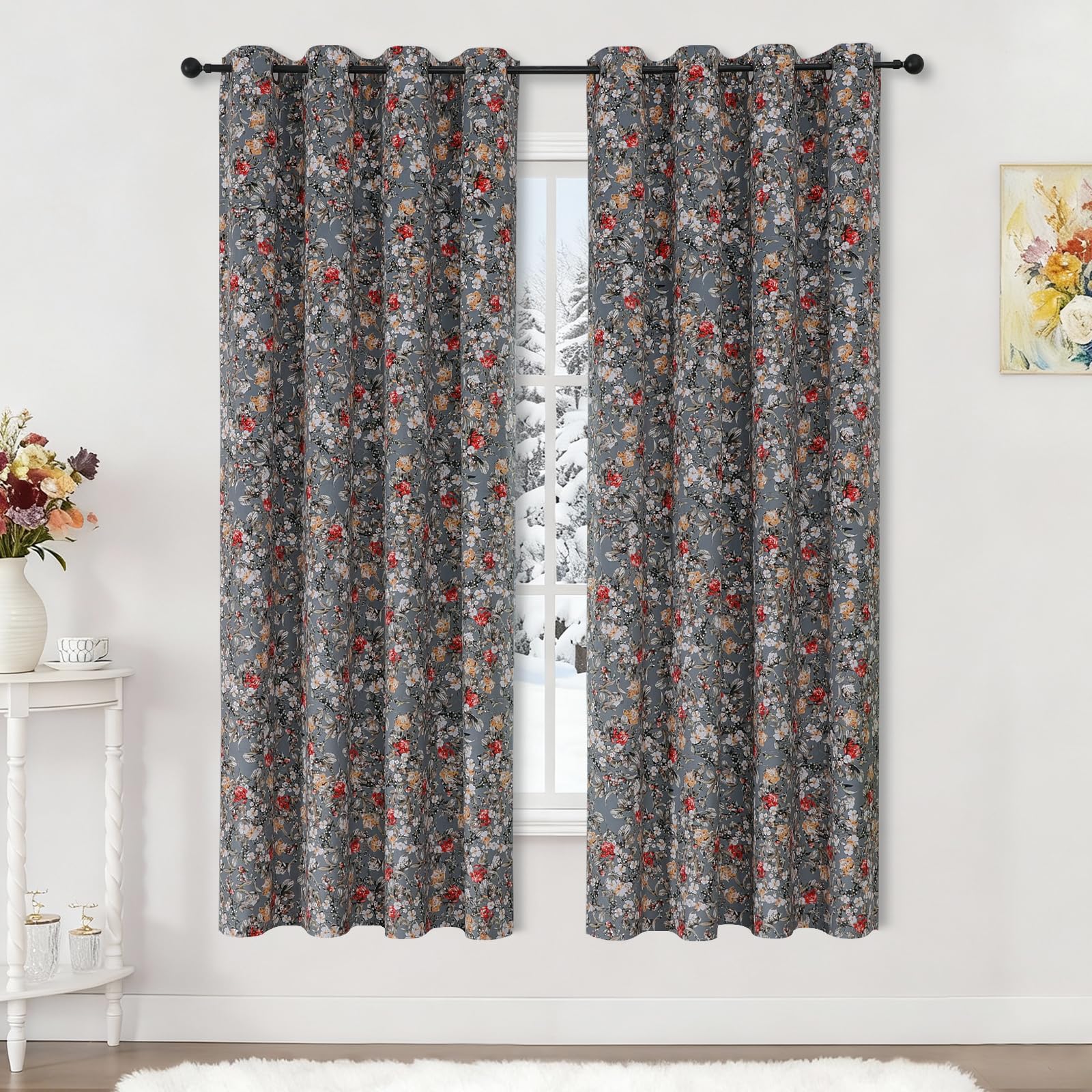 Estelar Textiler Black Velvet Blackout Curtains 84 Inch Long for Living Room, Luxury Floral Printed Energy Saving Thermal Insulated Light Blocking Window Grommet Drapes for Bedroom, 52Wx84L, 2 Panels
