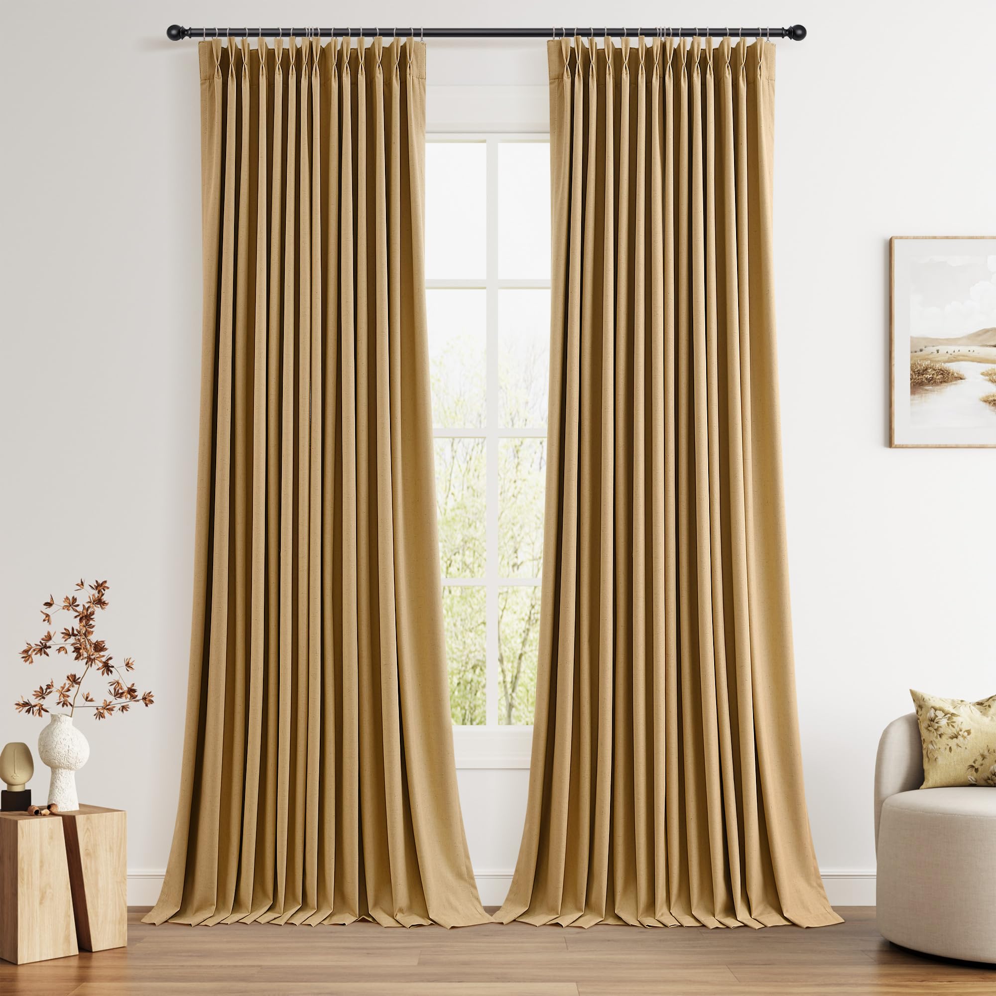 100% Blackout Sage Green Linen Curtains Pinch Pleated Green Blackout Curtains 84 Inches Long for Bedroom Living Room Memory Shaped Thermal Insulated Pinch Pleat Drapes with Hooks Rings Clips 7FT