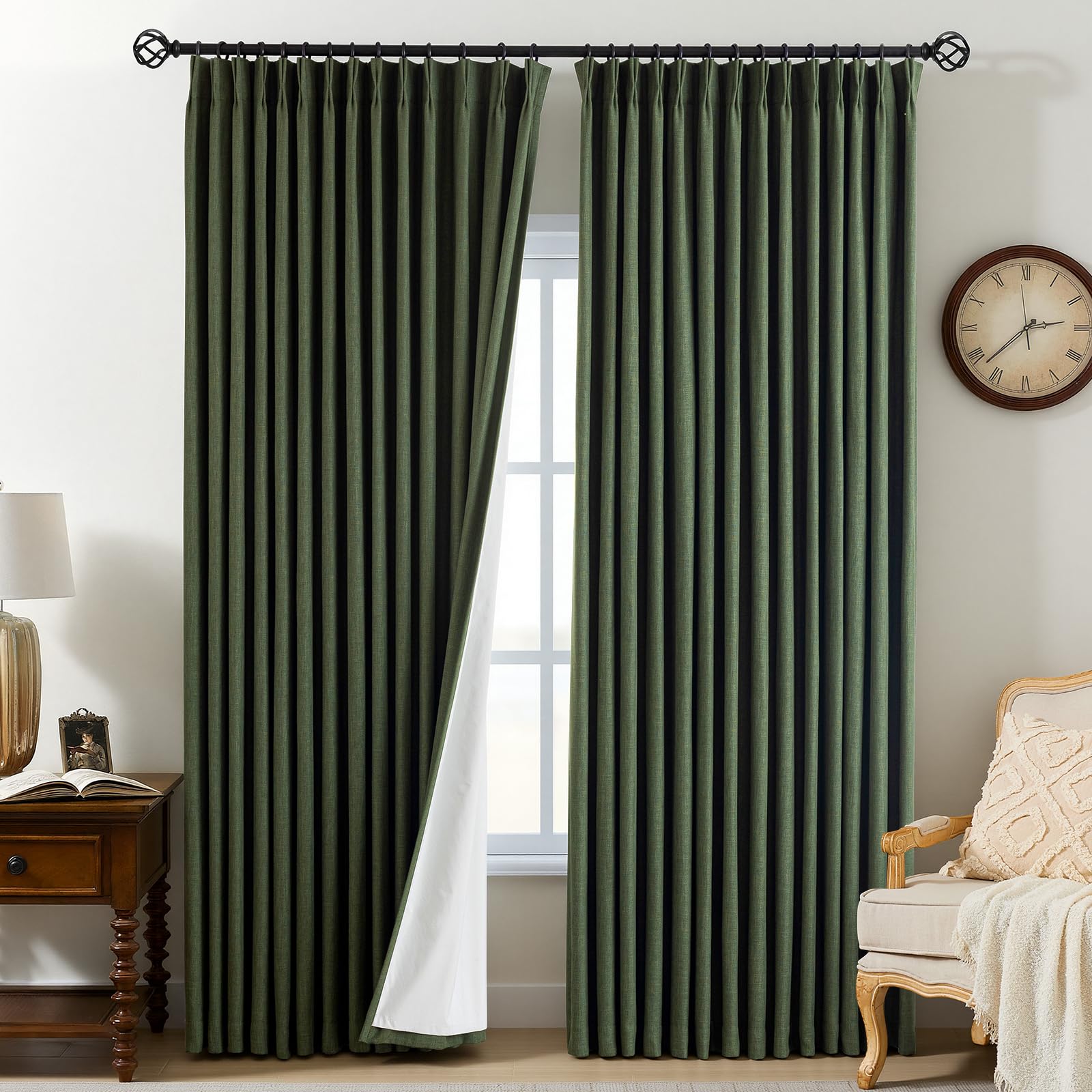 Pinch Pleated Curtains 100% Blackout Linen Curtains 95 Inches Long for Bedroom Living Room, Natural Memory Trained Thermal Insulated Room Darkening Window Pleat Drapes with Hooks, 2 Panels, 40"Wx95"L