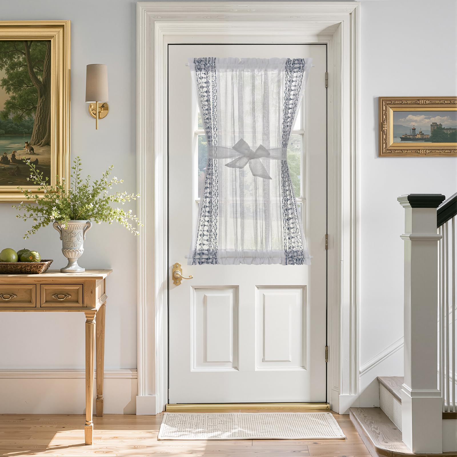 jinchan French Door Curtain Privacy Boho Embroidered Semi Sheer Voile Front Curtain for Window Doorway Closet, Door Panel with Tieback Rod Pocket 1 Panel (White on Beige, 55W x 40L Inch)