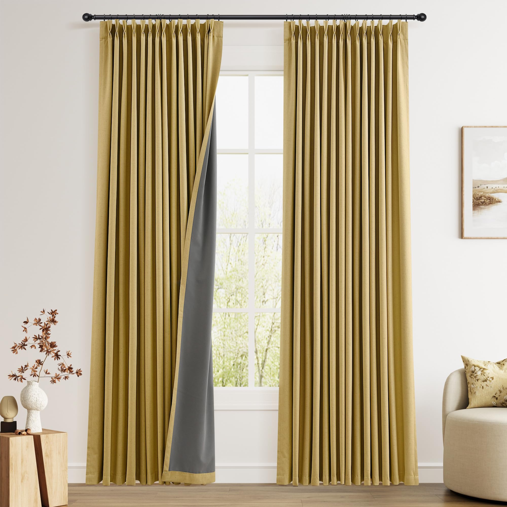 100% Blackout Sage Green Linen Curtains Pinch Pleated Green Blackout Curtains 84 Inches Long for Bedroom Living Room Memory Shaped Thermal Insulated Pinch Pleat Drapes with Hooks Rings Clips 7FT