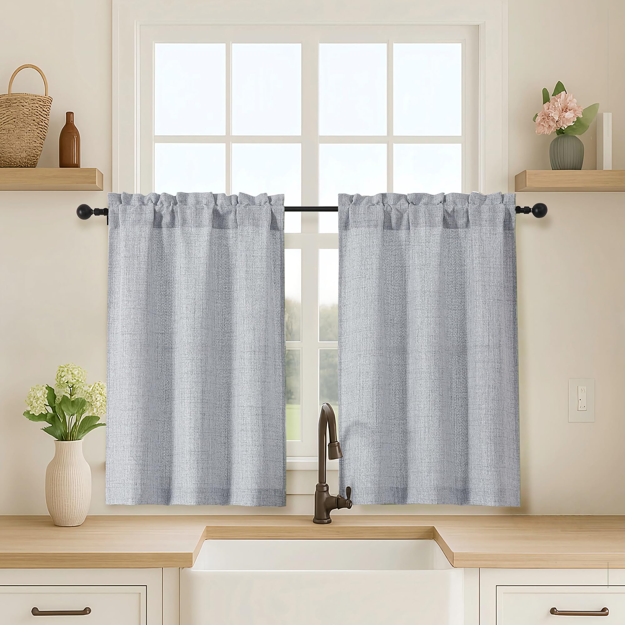 OVZME Kitchen Curtains 24 Inch Length, Light Filtering Faux Linen Textured Small Cafe Curtains, Short Window Curtain Tiers for Cabinet Bathroom Basement RV Camper, 30Wx24L Inch, 2PCS, Terracotta