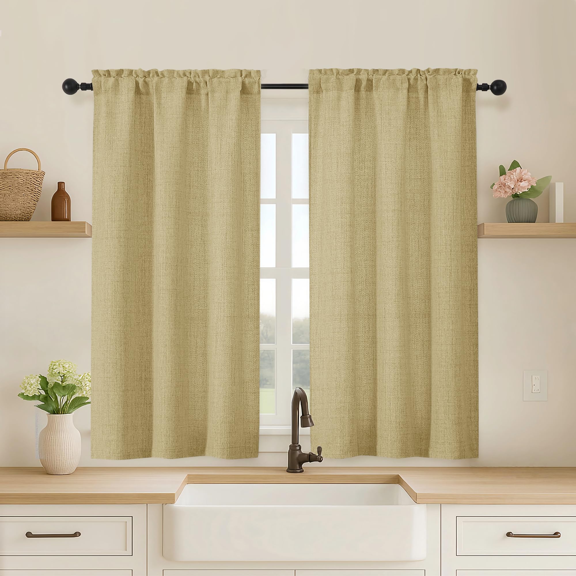 OVZME Kitchen Curtains 24 Inch Length, Light Filtering Faux Linen Textured Small Cafe Curtains, Short Window Curtain Tiers for Cabinet Bathroom Basement RV Camper, 30Wx24L Inch, 2PCS, Terracotta