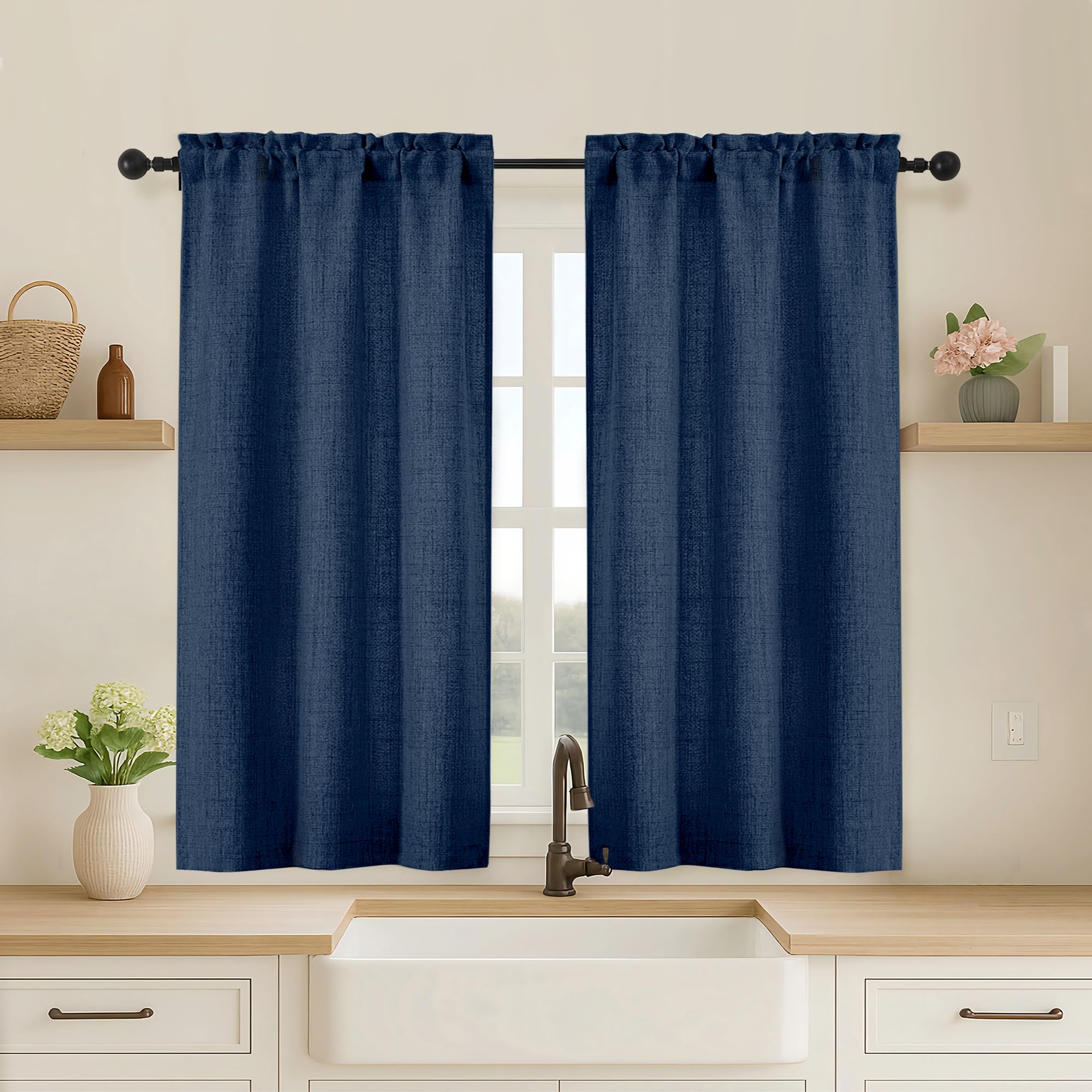 OVZME Kitchen Curtains 24 Inch Length, Light Filtering Faux Linen Textured Small Cafe Curtains, Short Window Curtain Tiers for Cabinet Bathroom Basement RV Camper, 30Wx24L Inch, 2PCS, Terracotta
