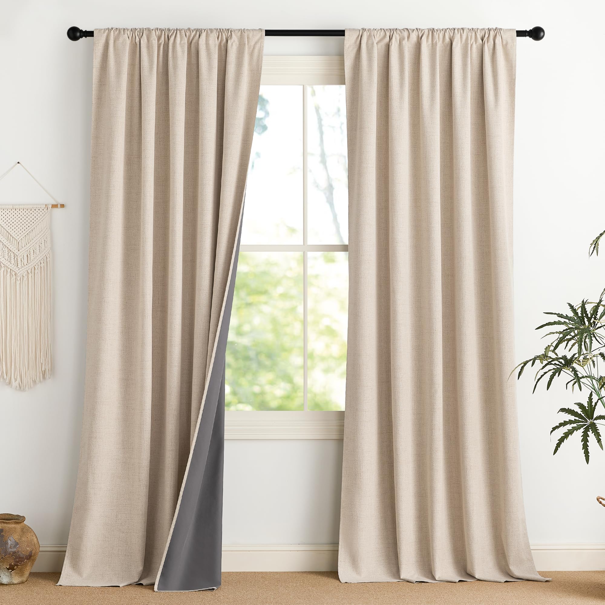 NICETOWN 100% Blackout Curtains for Bedroom, Living Room - Linen Textured Thermal Insulated Drapes Rod Pocket Top, Black Out Curtains with Grey Liner for Privacy, Natural, W52 x L80 in, 2 Panels