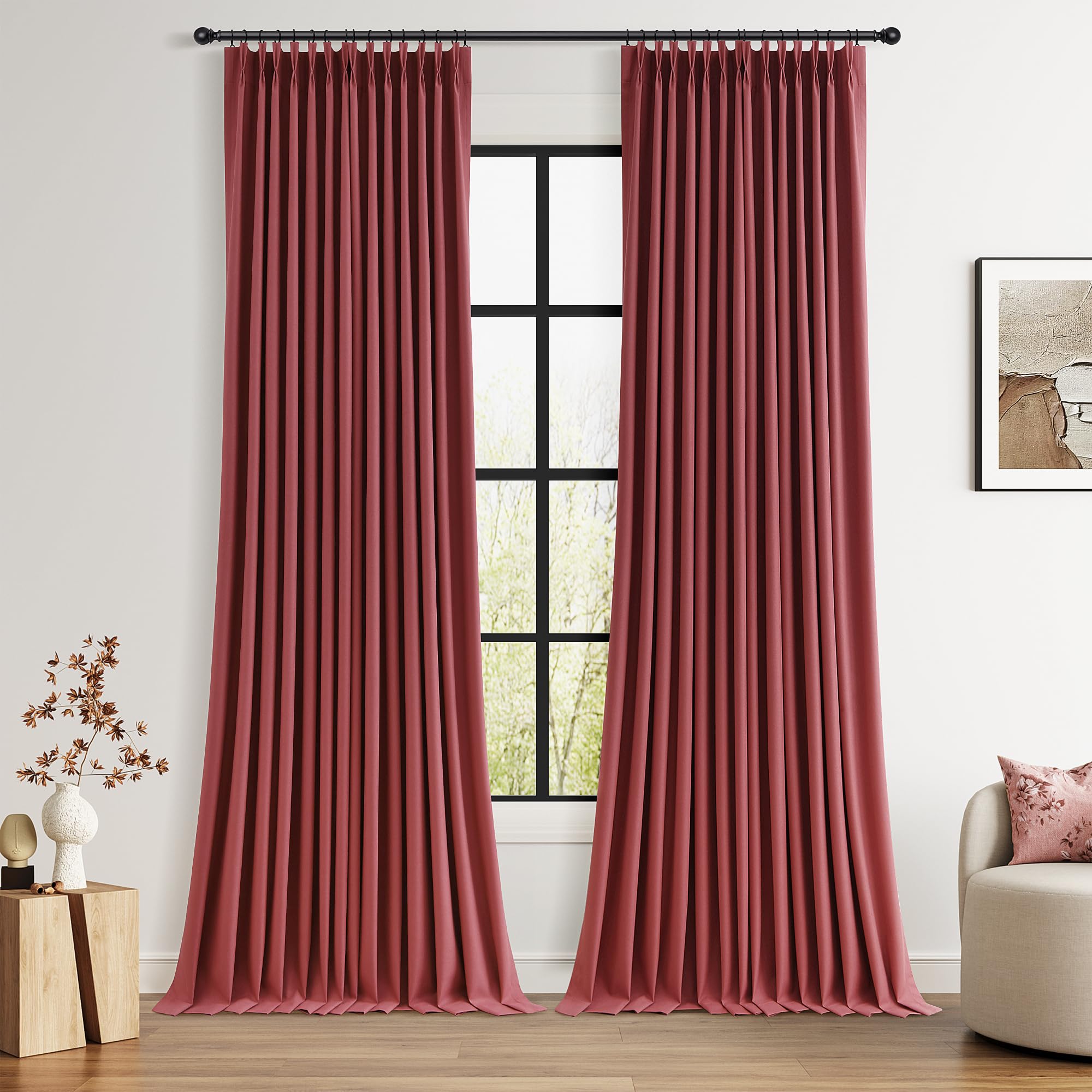 100% Blackout Sage Green Linen Curtains Pinch Pleated Green Blackout Curtains 84 Inches Long for Bedroom Living Room Memory Shaped Thermal Insulated Pinch Pleat Drapes with Hooks Rings Clips 7FT