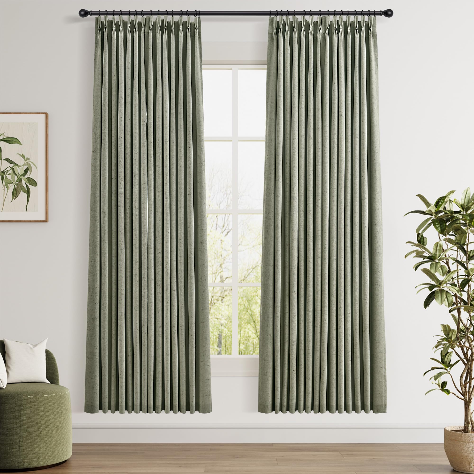 100% Blackout Sage Green Linen Curtains Pinch Pleated Green Blackout Curtains 84 Inches Long for Bedroom Living Room Memory Shaped Thermal Insulated Pinch Pleat Drapes with Hooks Rings Clips 7FT