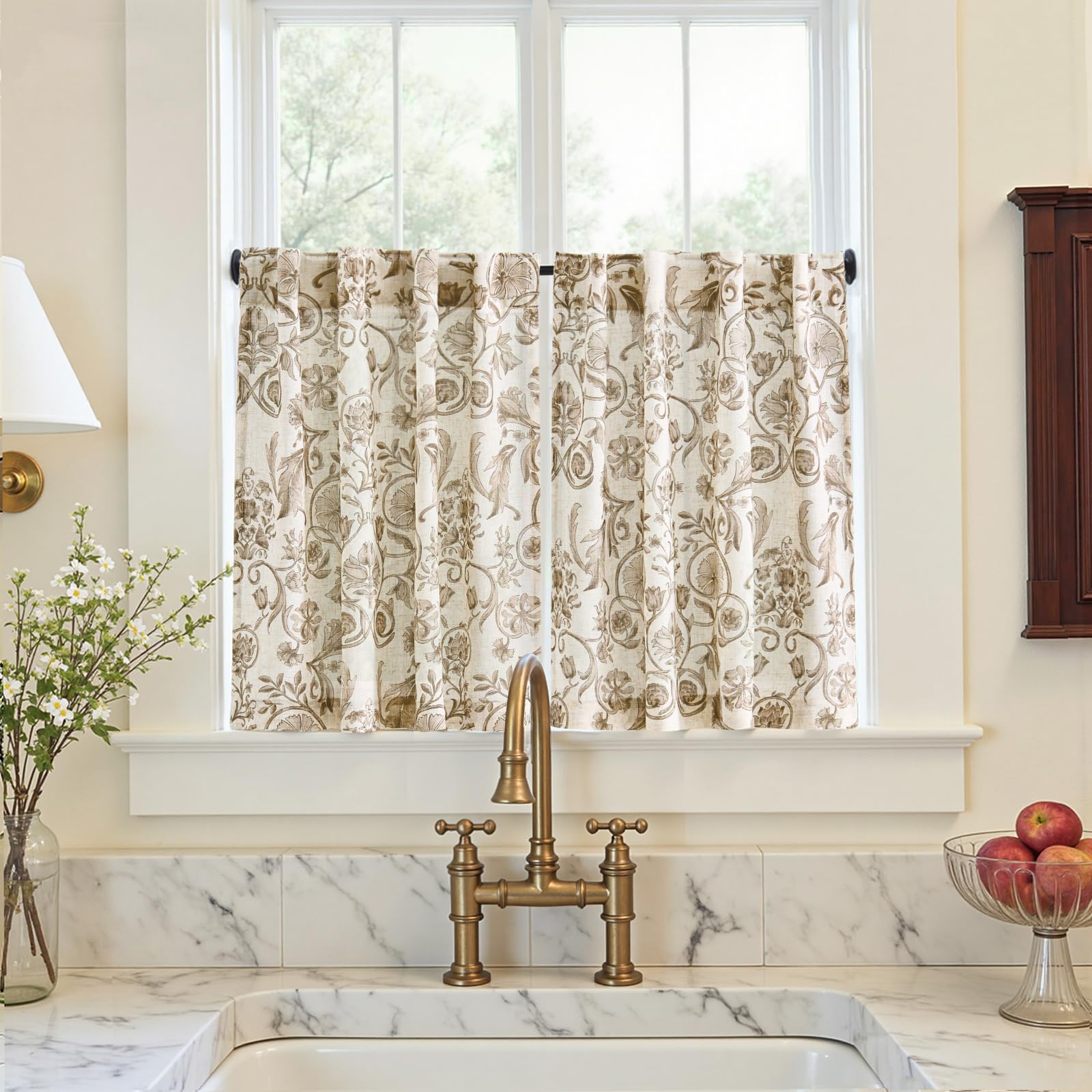 jinchan Linen Kitchen Curtains 24 Inch Vintage Floral Tier Curtains Farmhouse Cottage Cafe Rod Pocket Country Small Window for Laundry Room Bathroom RV 2 Panels Blue on Beige