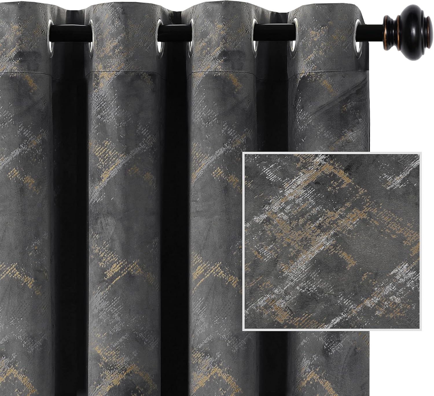 H.VERSAILTEX Luxury Velvet Curtains 63 Inches Long Thermal Insulated Blackout Curtain for Bedroom Foil Print Soft Velvet Grommet Curtain Drapes for Living Room Vintage Home Decor, 2 Panels, Dark Grey