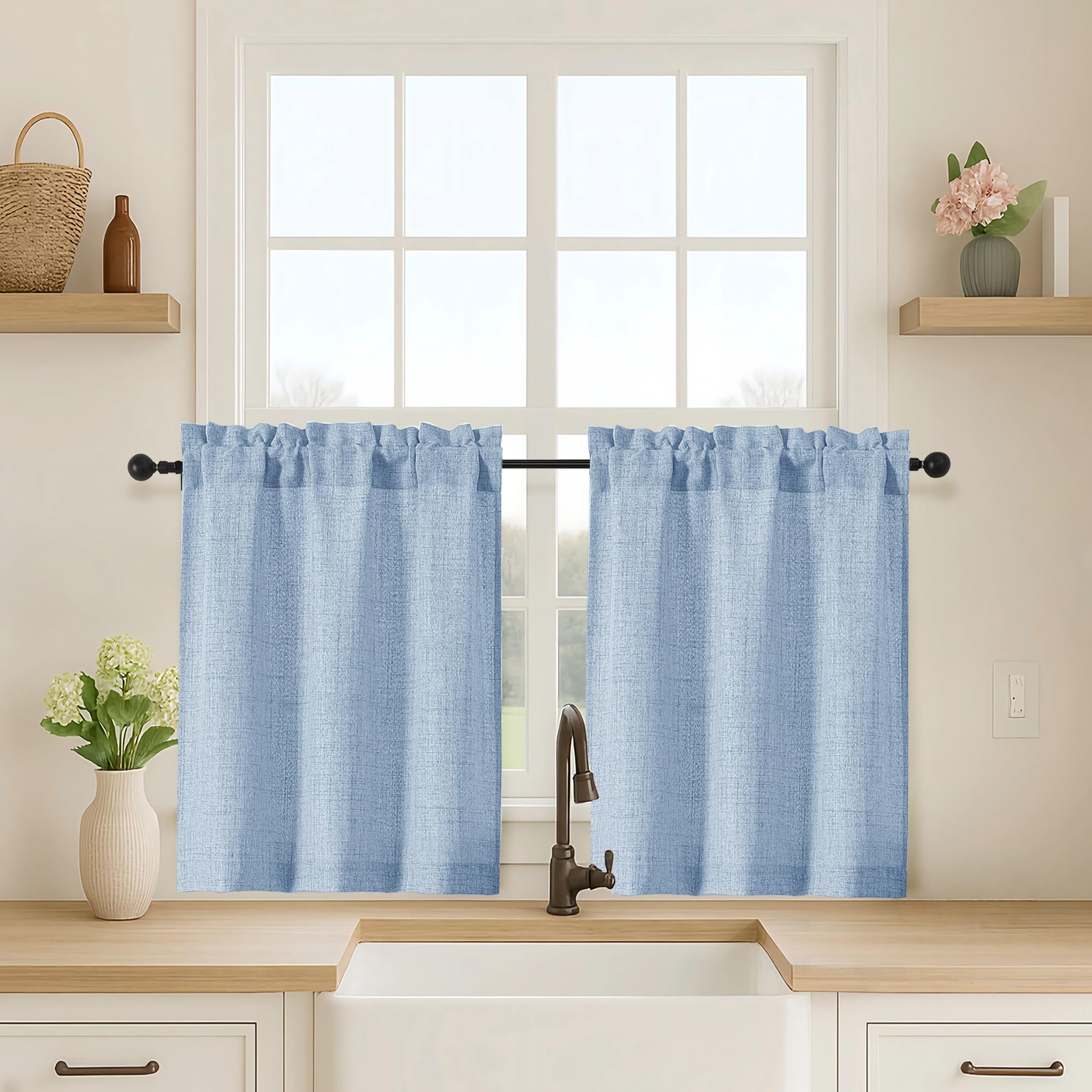 OVZME Kitchen Curtains 24 Inch Length, Light Filtering Faux Linen Textured Small Cafe Curtains, Short Window Curtain Tiers for Cabinet Bathroom Basement RV Camper, 30Wx24L Inch, 2PCS, Terracotta