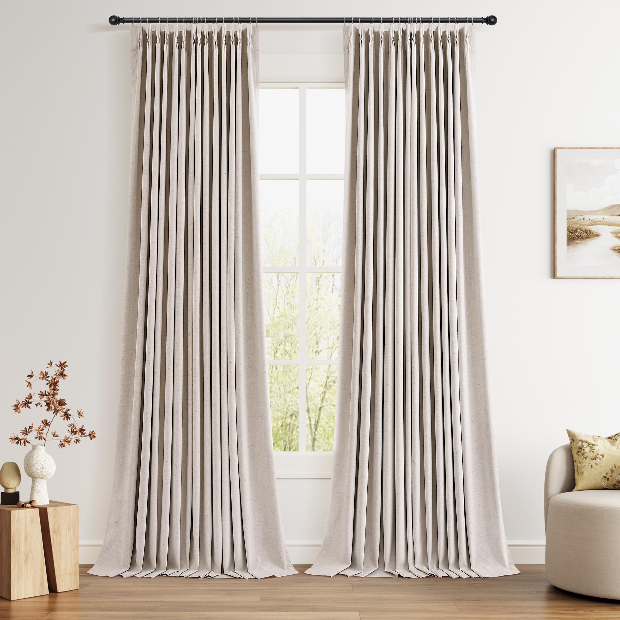 100% Blackout Sage Green Linen Curtains Pinch Pleated Green Blackout Curtains 84 Inches Long for Bedroom Living Room Memory Shaped Thermal Insulated Pinch Pleat Drapes with Hooks Rings Clips 7FT