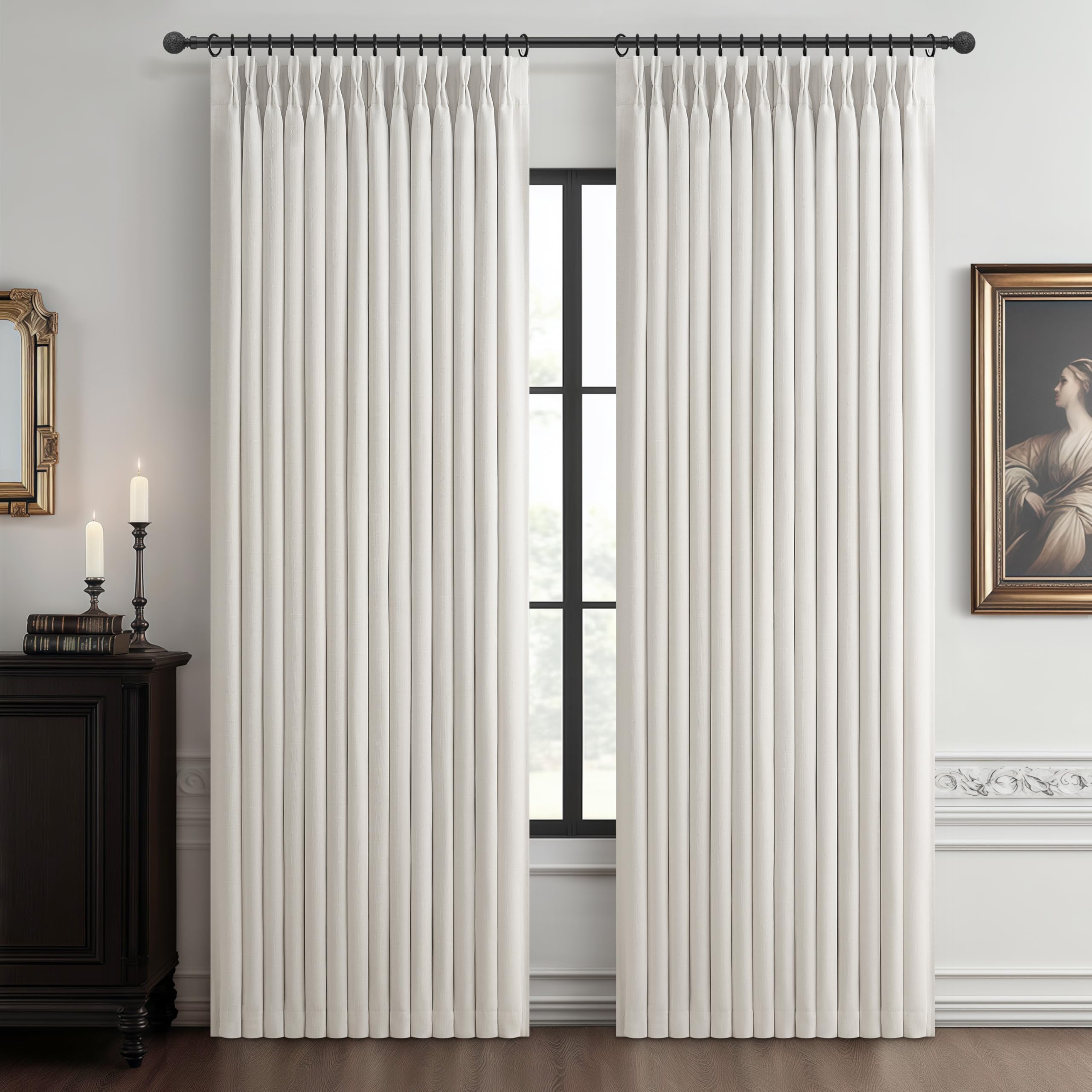 100% Blackout Linen 96 Inch Curtains 2 Panel Set for Bedroom, Modern Pinch Pleated Natural Linen Off Beige White Insulated Heavy Curtain 40 x 96 Inches Length Sliding Glass Door Room Darkening Drapes