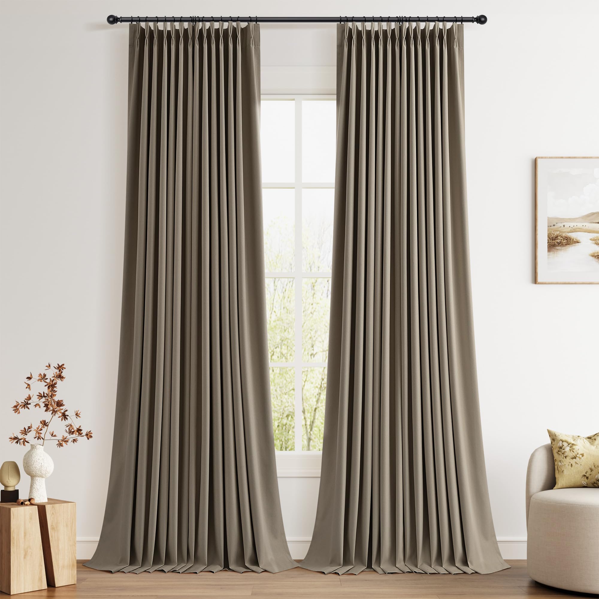 100% Blackout Sage Green Linen Curtains Pinch Pleated Green Blackout Curtains 84 Inches Long for Bedroom Living Room Memory Shaped Thermal Insulated Pinch Pleat Drapes with Hooks Rings Clips 7FT