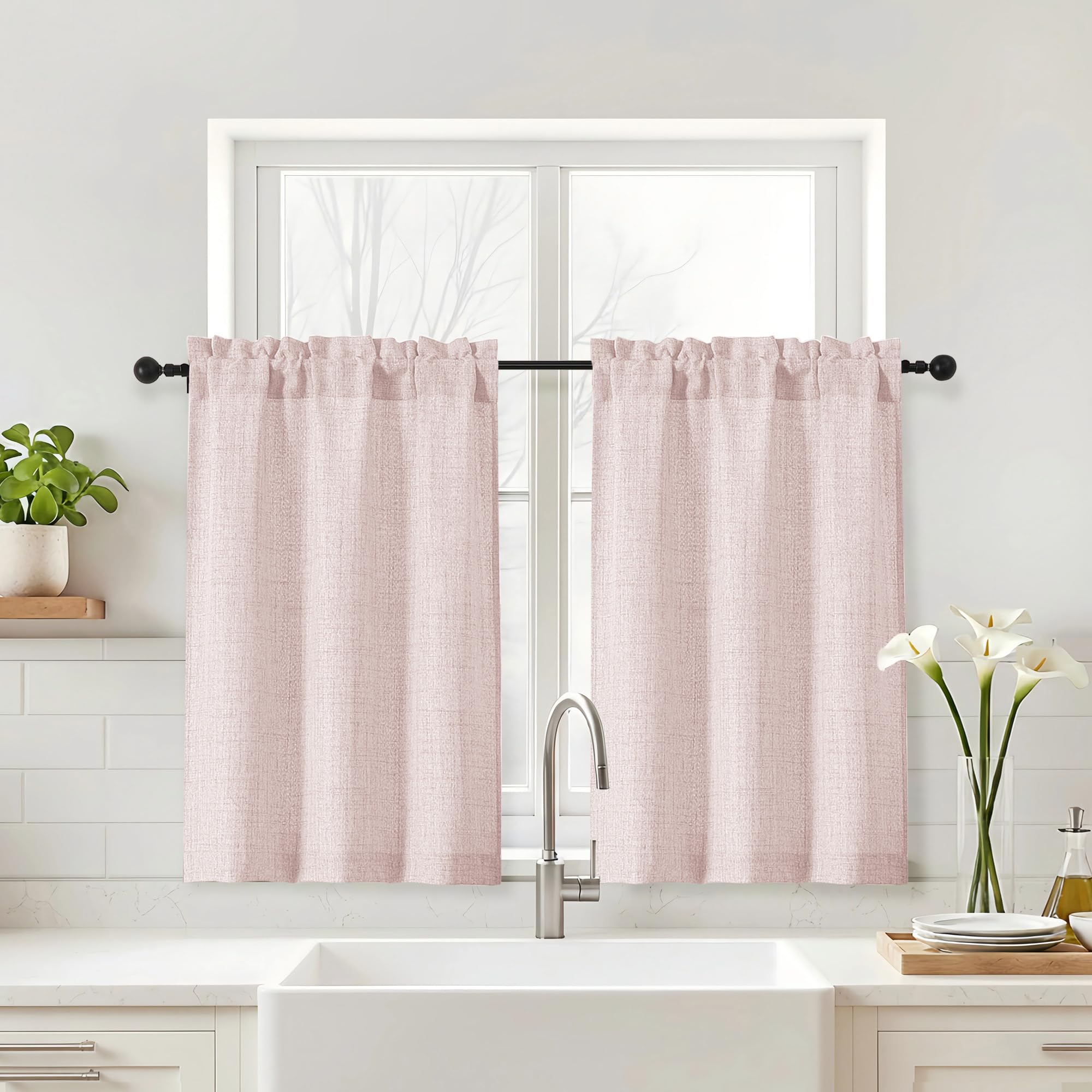 Navy Blue Kitchen Curtains 24 Inch Length - Faux Linen Textured Light Filtering Short Curtains for Bathroom, Rod Pocket Small Kitchen Window Curtains Over Sink, 2 Panels, 30Wx24L Inches