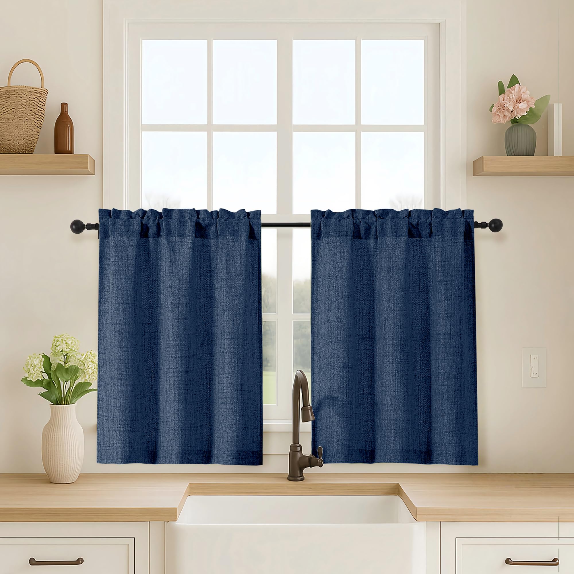 OVZME Kitchen Curtains 24 Inch Length, Light Filtering Faux Linen Textured Small Cafe Curtains, Short Window Curtain Tiers for Cabinet Bathroom Basement RV Camper, 30Wx24L Inch, 2PCS, Terracotta