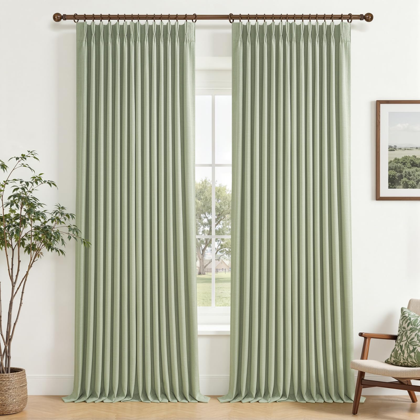 100% Blackout Linen 96 Inch Curtains 2 Panel Set for Bedroom, Modern Pinch Pleated Natural Linen Off Beige White Insulated Heavy Curtain 40 x 96 Inches Length Sliding Glass Door Room Darkening Drapes