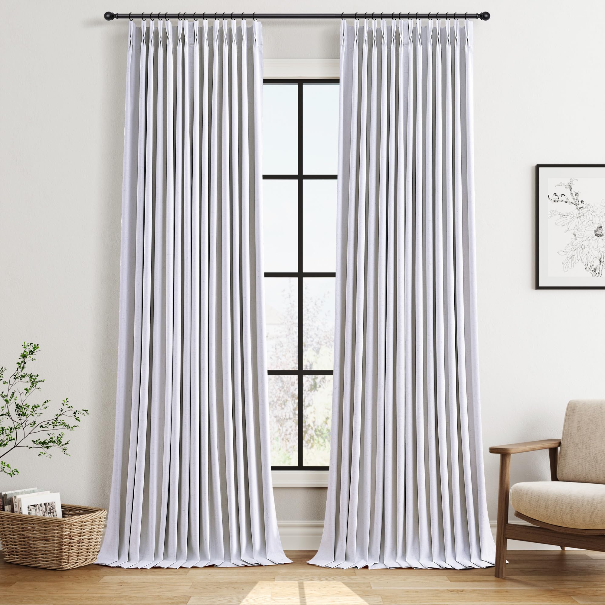 100% Blackout Sage Green Linen Curtains Pinch Pleated Green Blackout Curtains 84 Inches Long for Bedroom Living Room Memory Shaped Thermal Insulated Pinch Pleat Drapes with Hooks Rings Clips 7FT
