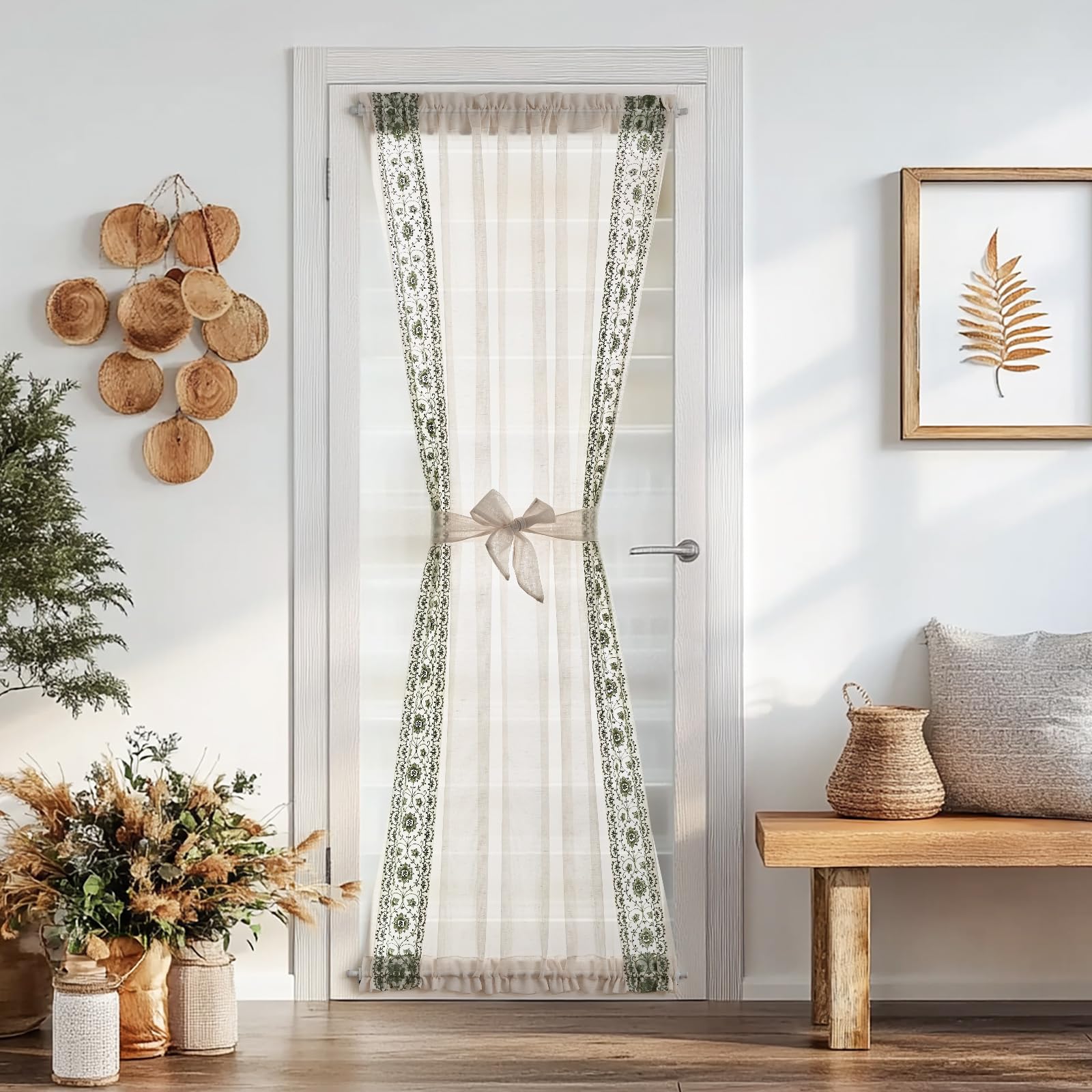 jinchan French Door Curtain Privacy Boho Embroidered Semi Sheer Voile Front Curtain for Window Doorway Closet, Door Panel with Tieback Rod Pocket 1 Panel (White on Beige, 55W x 40L Inch)