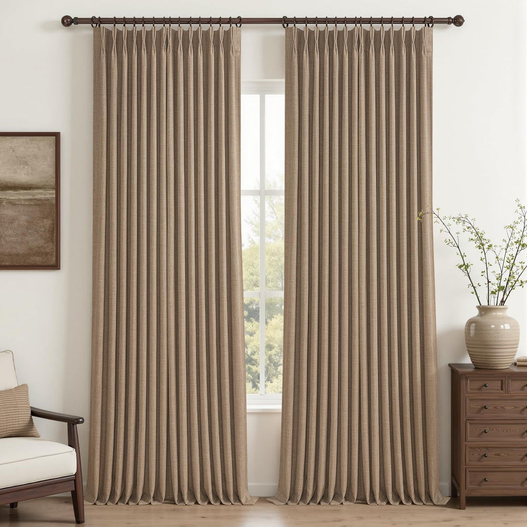 100% Blackout Linen 96 Inch Curtains 2 Panel Set for Bedroom, Modern Pinch Pleated Natural Linen Off Beige White Insulated Heavy Curtain 40 x 96 Inches Length Sliding Glass Door Room Darkening Drapes