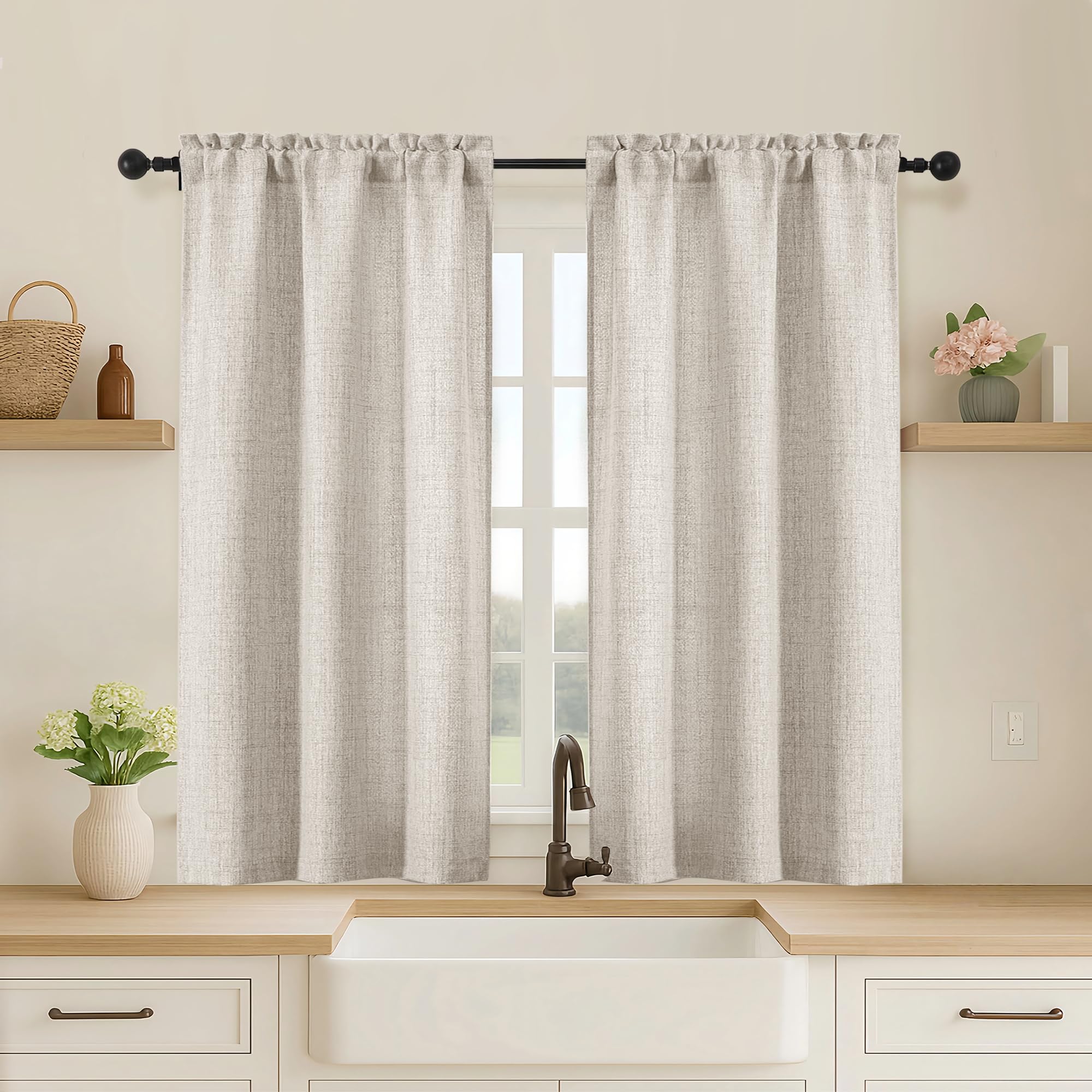 OVZME Kitchen Curtains 24 Inch Length, Light Filtering Faux Linen Textured Small Cafe Curtains, Short Window Curtain Tiers for Cabinet Bathroom Basement RV Camper, 30Wx24L Inch, 2PCS, Terracotta