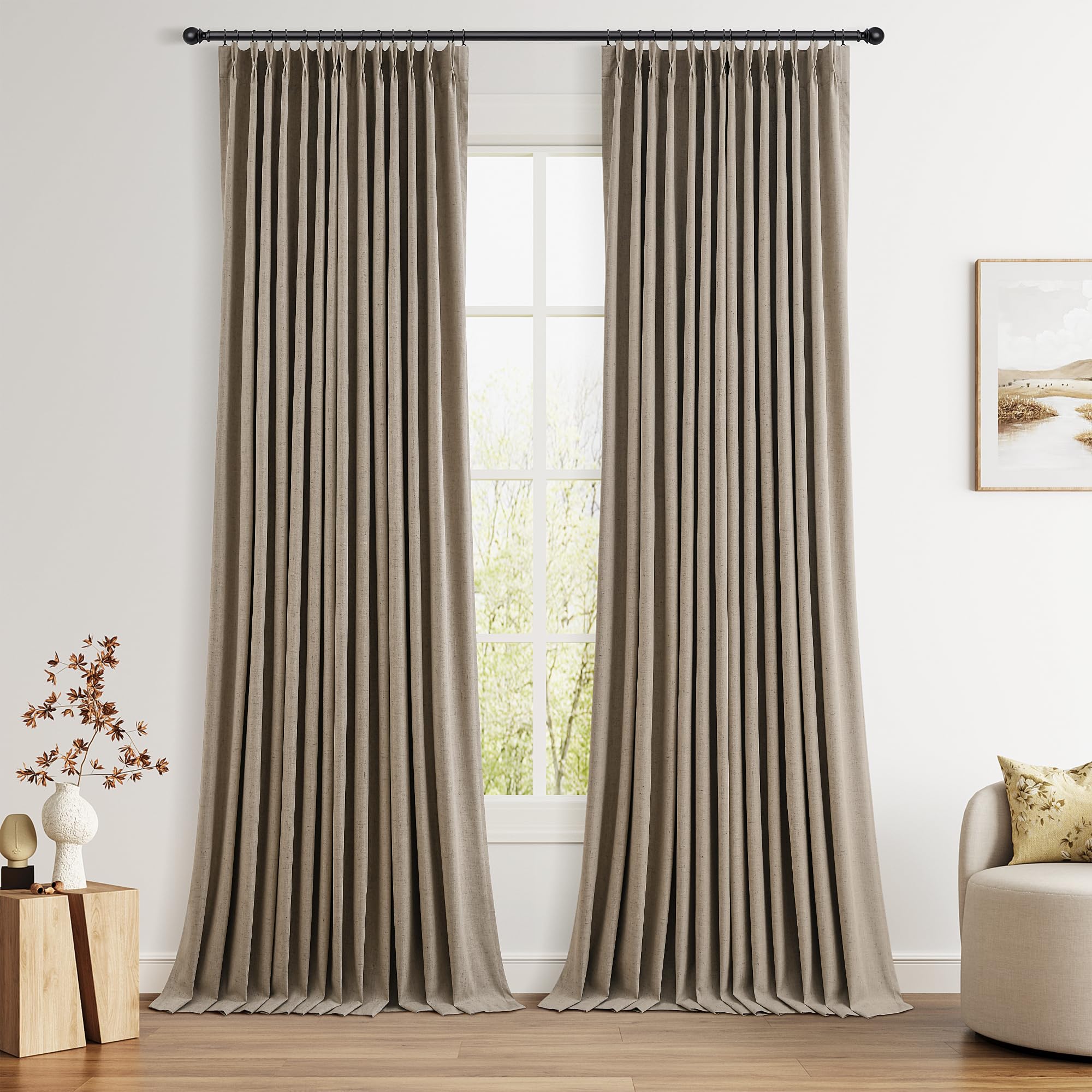 100% Blackout Sage Green Linen Curtains Pinch Pleated Green Blackout Curtains 84 Inches Long for Bedroom Living Room Memory Shaped Thermal Insulated Pinch Pleat Drapes with Hooks Rings Clips 7FT