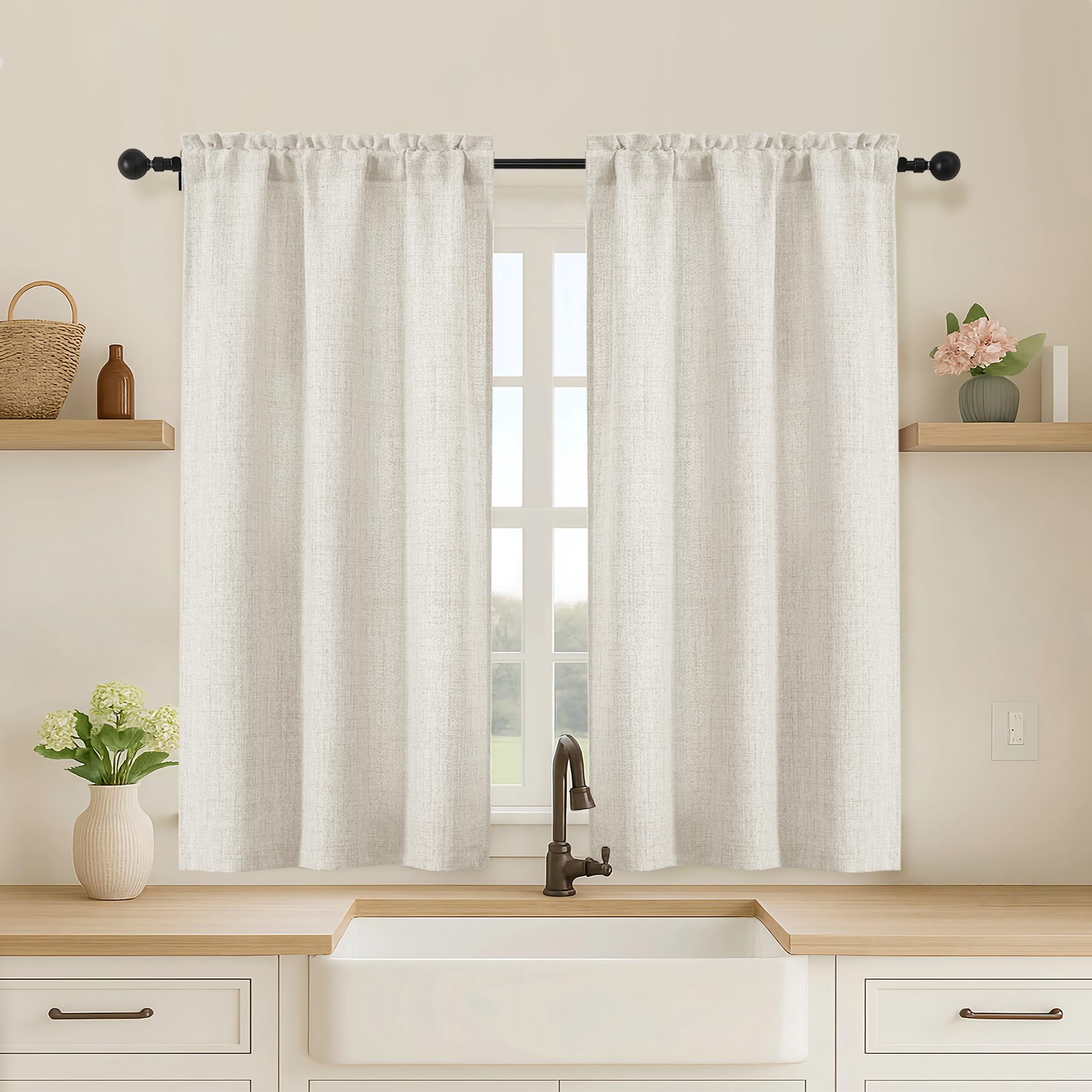 OVZME Kitchen Curtains 24 Inch Length, Light Filtering Faux Linen Textured Small Cafe Curtains, Short Window Curtain Tiers for Cabinet Bathroom Basement RV Camper, 30Wx24L Inch, 2PCS, Terracotta