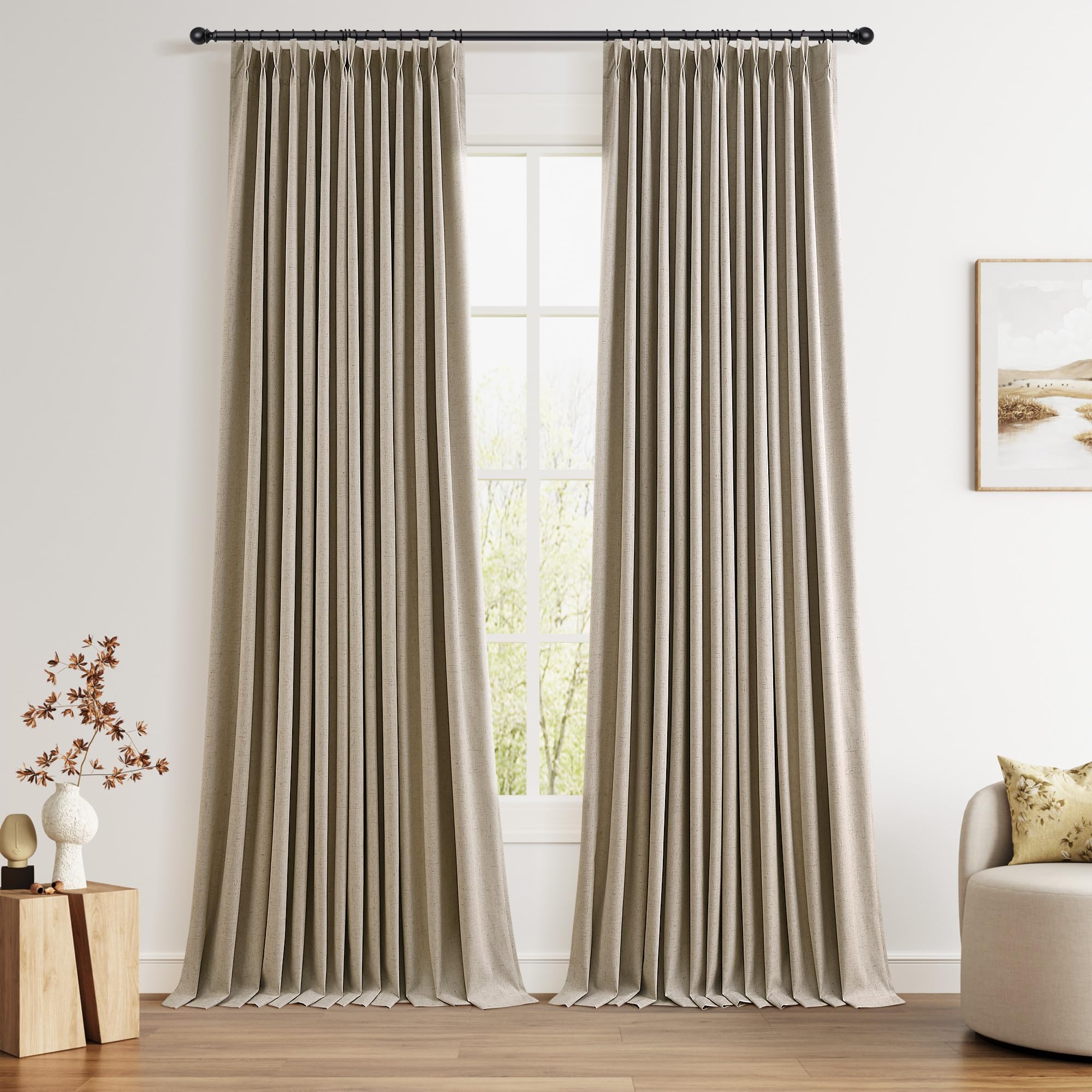 100% Blackout Sage Green Linen Curtains Pinch Pleated Green Blackout Curtains 84 Inches Long for Bedroom Living Room Memory Shaped Thermal Insulated Pinch Pleat Drapes with Hooks Rings Clips 7FT
