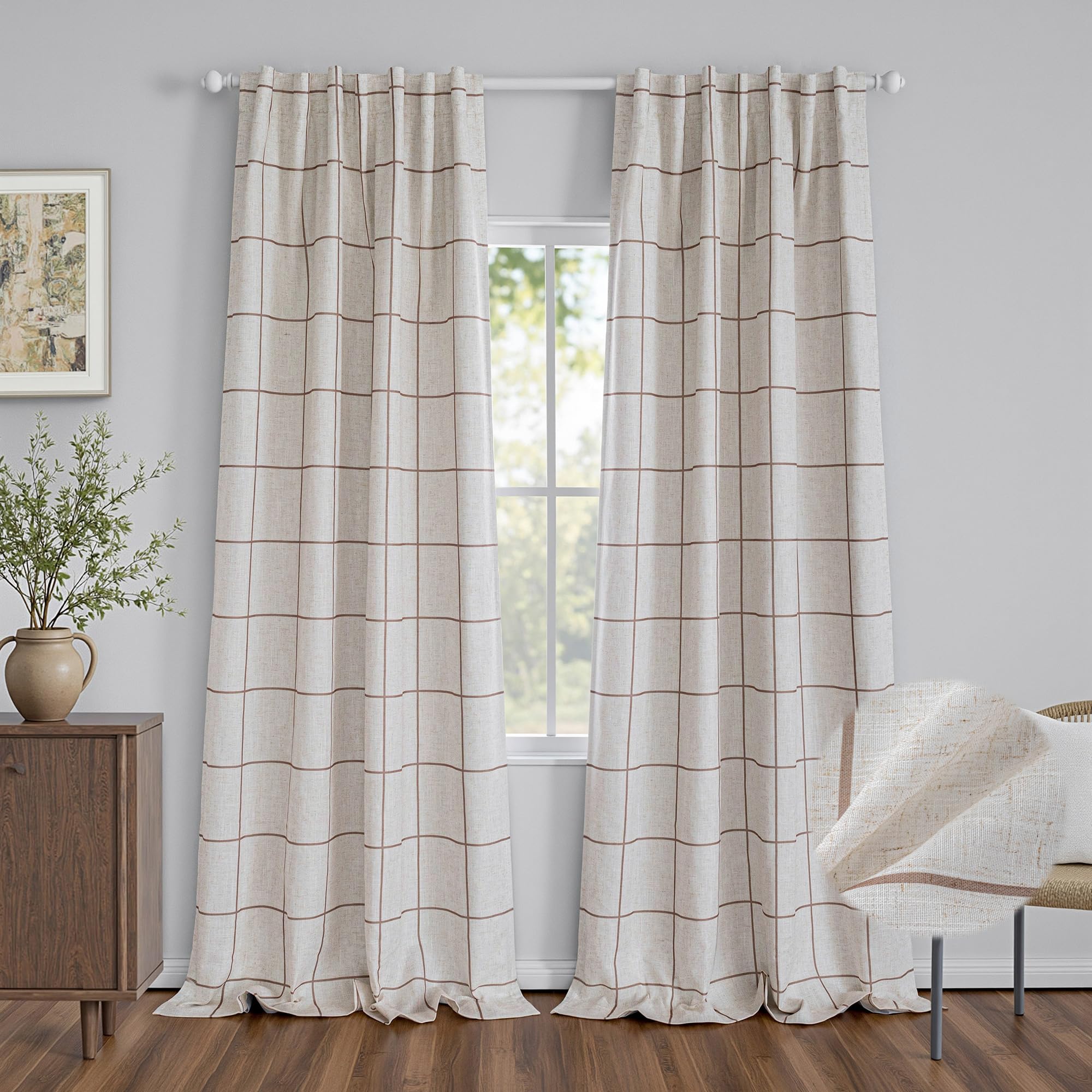 MYSKY HOME 100% Blackout Plaid Farmhouse Linen Curtains 84 Inch Long 2 Panels Set for Living Room Double Layer Windowpane Drapes Thermal Insulated Privacy Protection Rod Pocket Back Tab, 52" W, Black