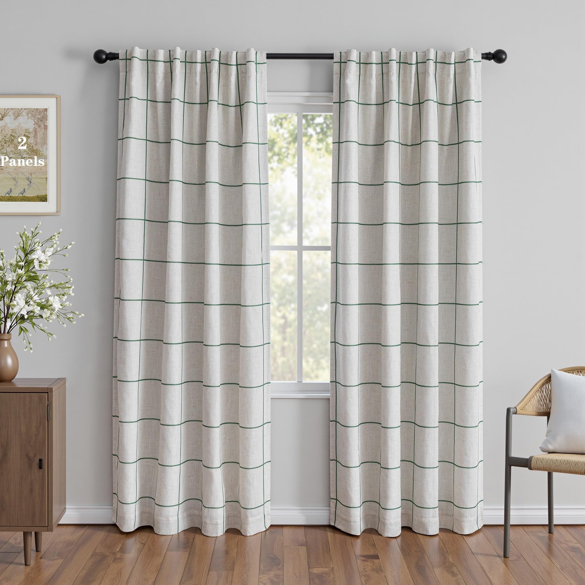 MYSKY HOME 100% Blackout Plaid Farmhouse Linen Curtains 84 Inch Long 2 Panels Set for Living Room Double Layer Windowpane Drapes Thermal Insulated Privacy Protection Rod Pocket Back Tab, 52" W, Black