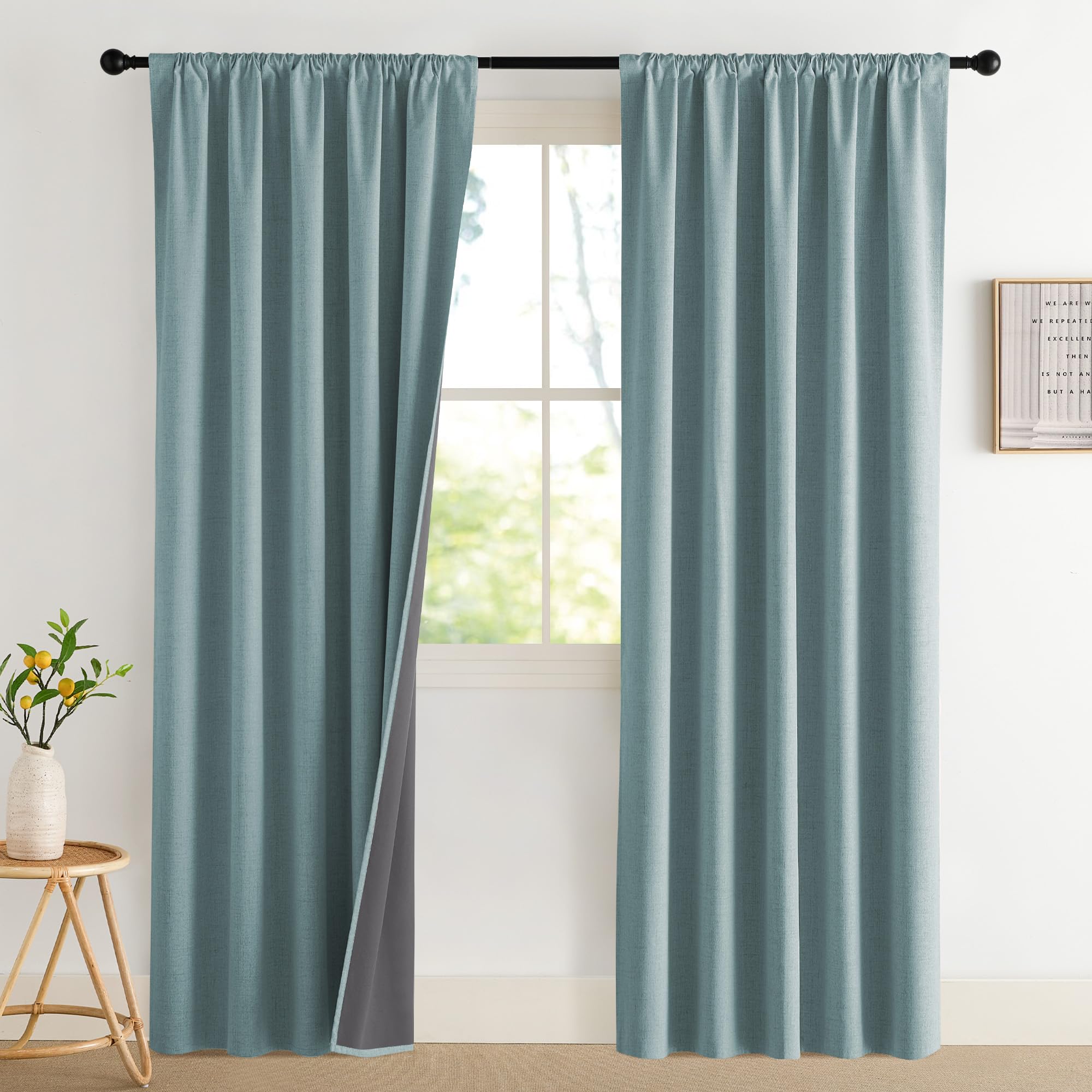 NICETOWN 100% Blackout Curtains for Bedroom, Living Room - Linen Textured Thermal Insulated Drapes Rod Pocket Top, Black Out Curtains with Grey Liner for Privacy, Natural, W52 x L80 in, 2 Panels