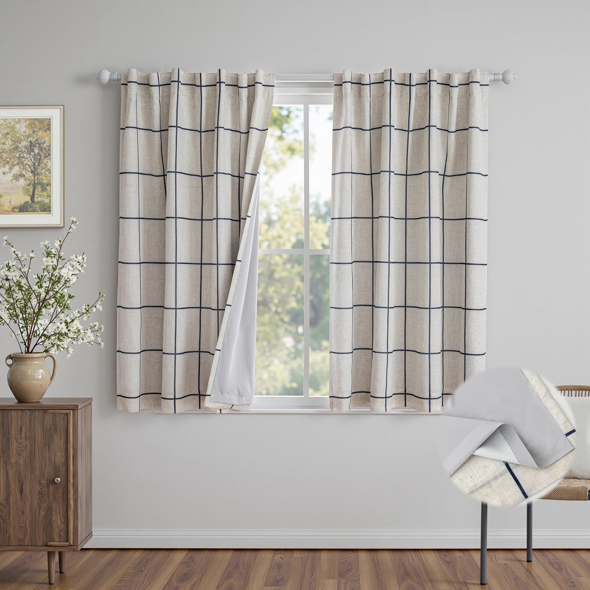 MYSKY HOME 100% Blackout Plaid Farmhouse Linen Curtains 84 Inch Long 2 Panels Set for Living Room Double Layer Windowpane Drapes Thermal Insulated Privacy Protection Rod Pocket Back Tab, 52" W, Black