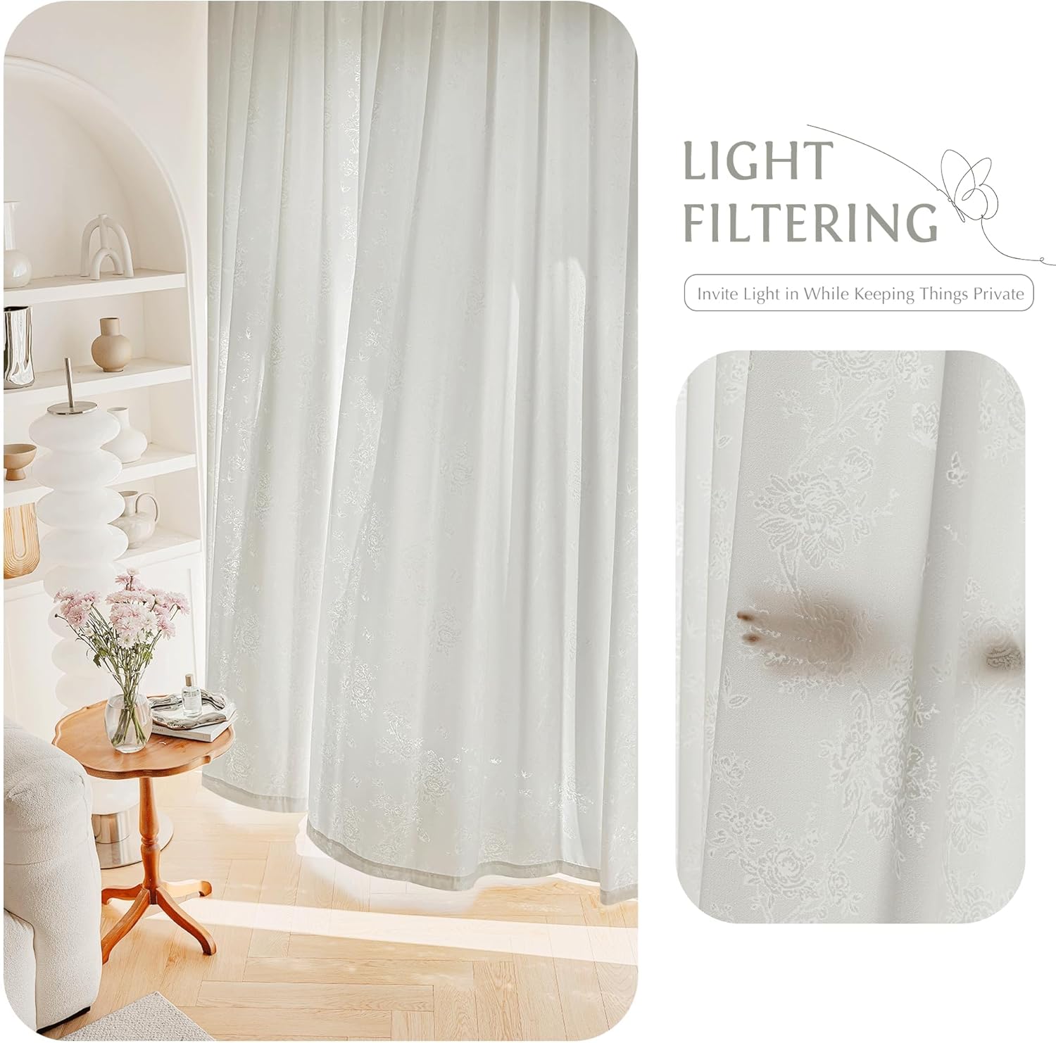 Beauoop Grey Floral Jacquard Sheer Curtains 84 Inches Long 2 Panels for Living Room Bedroom Semi Lace Flower Privacy Light Filtering Non-See-Through Velvet Textured Grommet Window Drapes, 52x84 2 Set