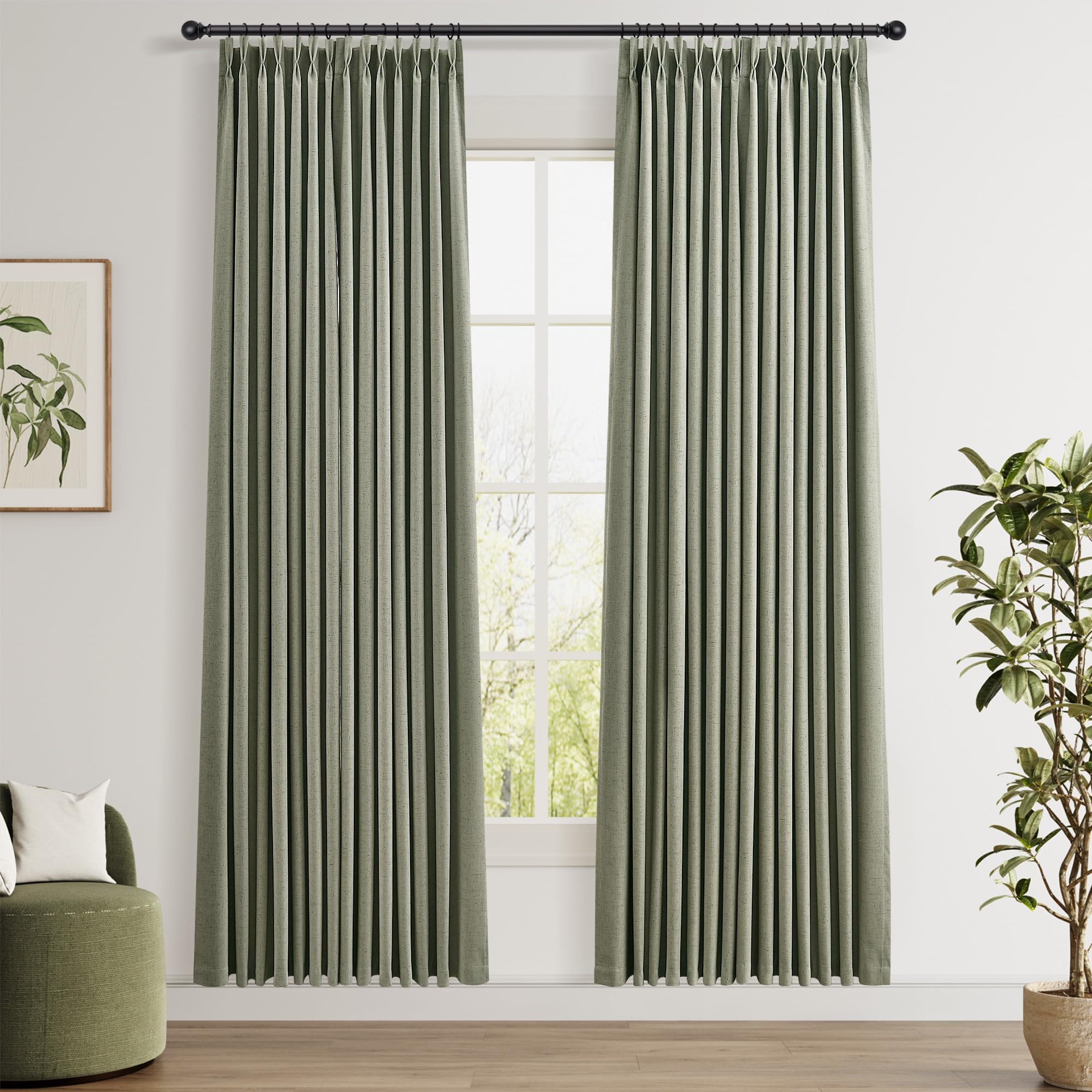 100% Blackout Sage Green Linen Curtains Pinch Pleated Green Blackout Curtains 84 Inches Long for Bedroom Living Room Memory Shaped Thermal Insulated Pinch Pleat Drapes with Hooks Rings Clips 7FT