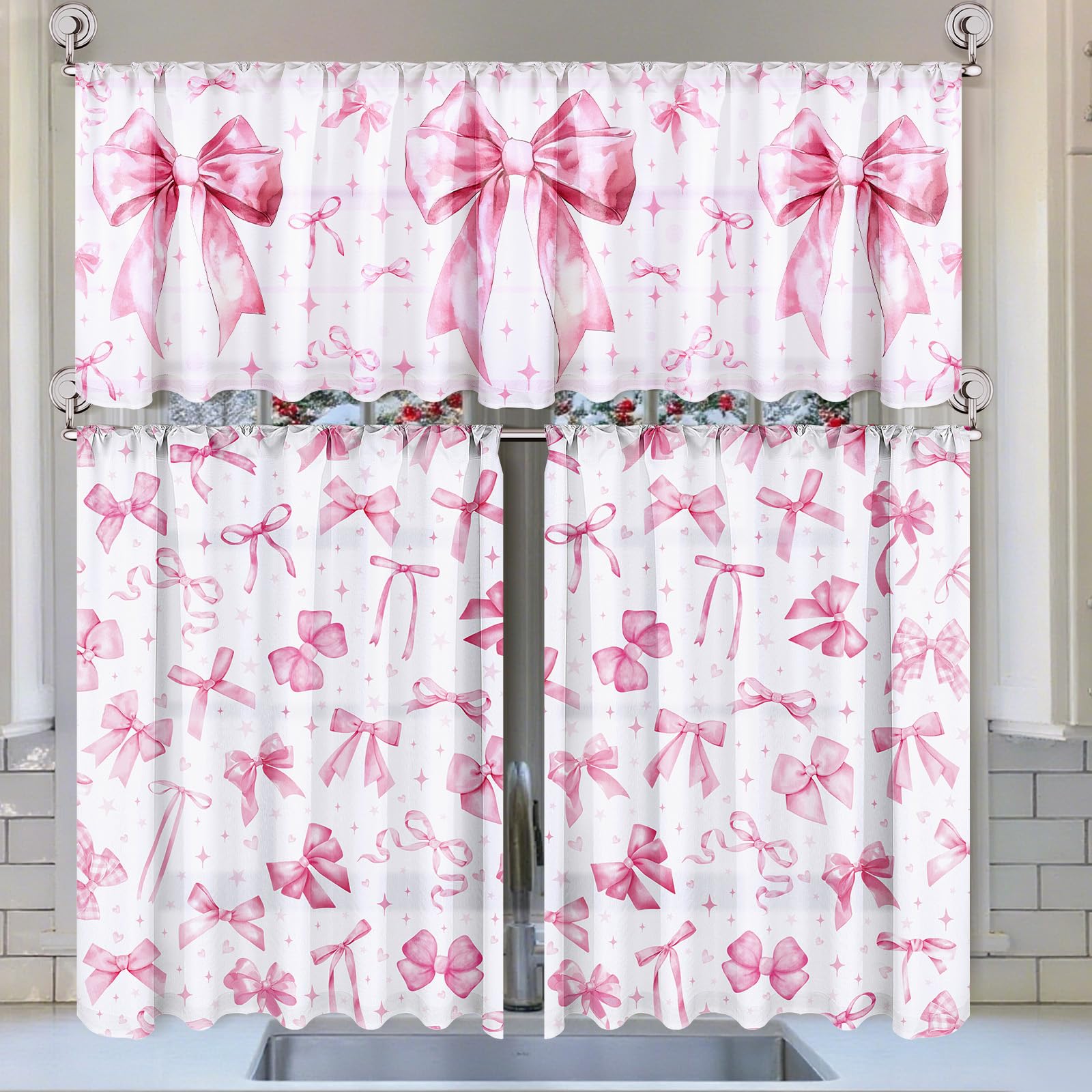 Breling 3 Pcs Teal Daisy Kitchen Curtains Valances and Tiers Set for Windows Spring Daisy Garden Flying Butterflies Boots Blue Decor Short Curtain Set for Bedroom Window Turquoise Decor Party Supplies