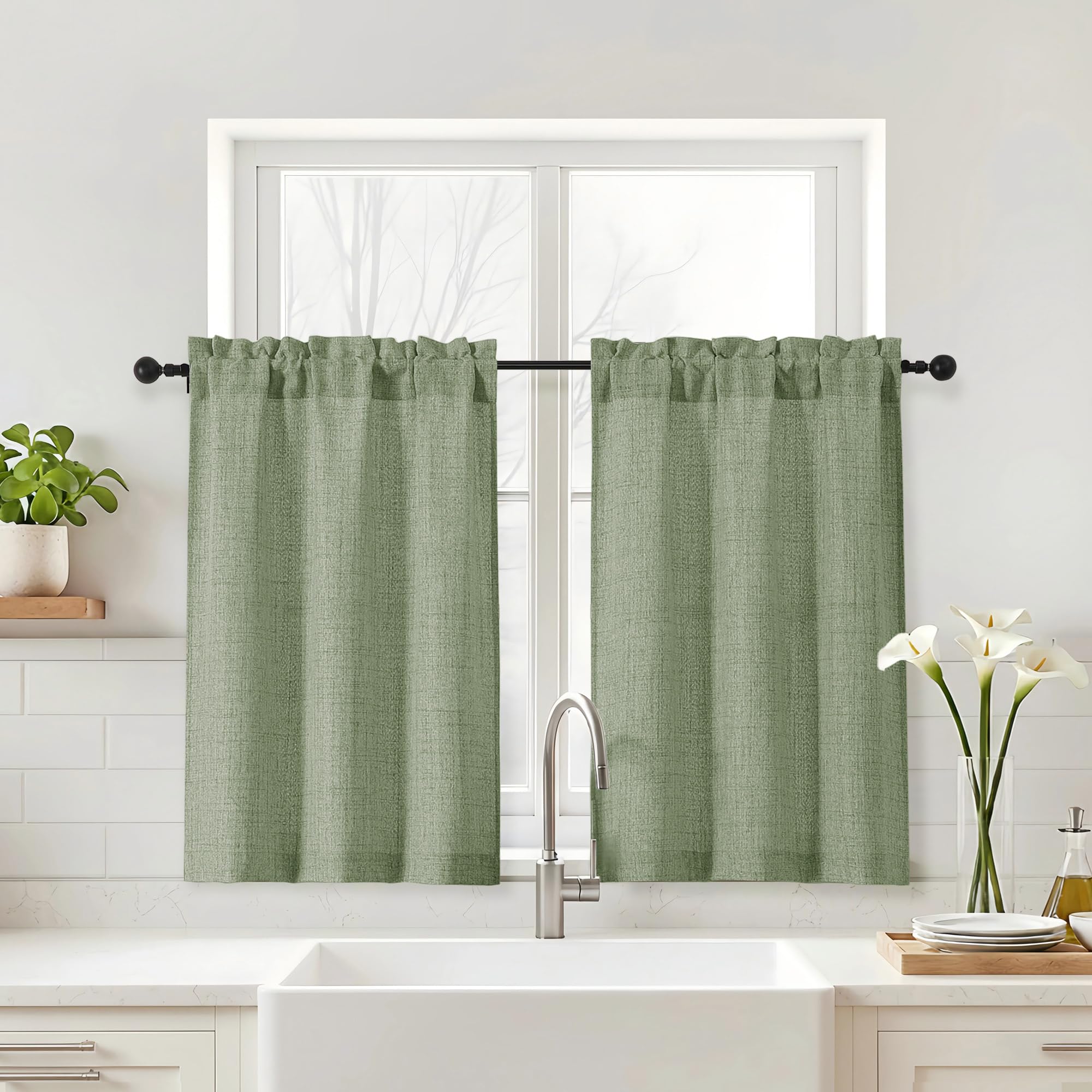 Navy Blue Kitchen Curtains 24 Inch Length - Faux Linen Textured Light Filtering Short Curtains for Bathroom, Rod Pocket Small Kitchen Window Curtains Over Sink, 2 Panels, 30Wx24L Inches