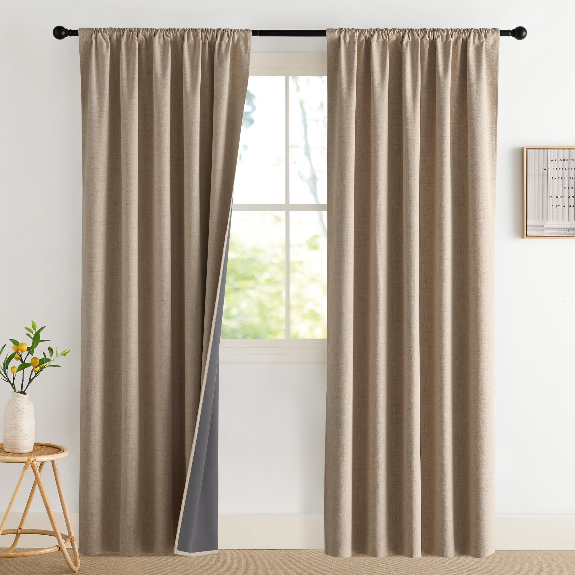 NICETOWN 100% Blackout Curtains for Bedroom, Living Room - Linen Textured Thermal Insulated Drapes Rod Pocket Top, Black Out Curtains with Grey Liner for Privacy, Natural, W52 x L80 in, 2 Panels
