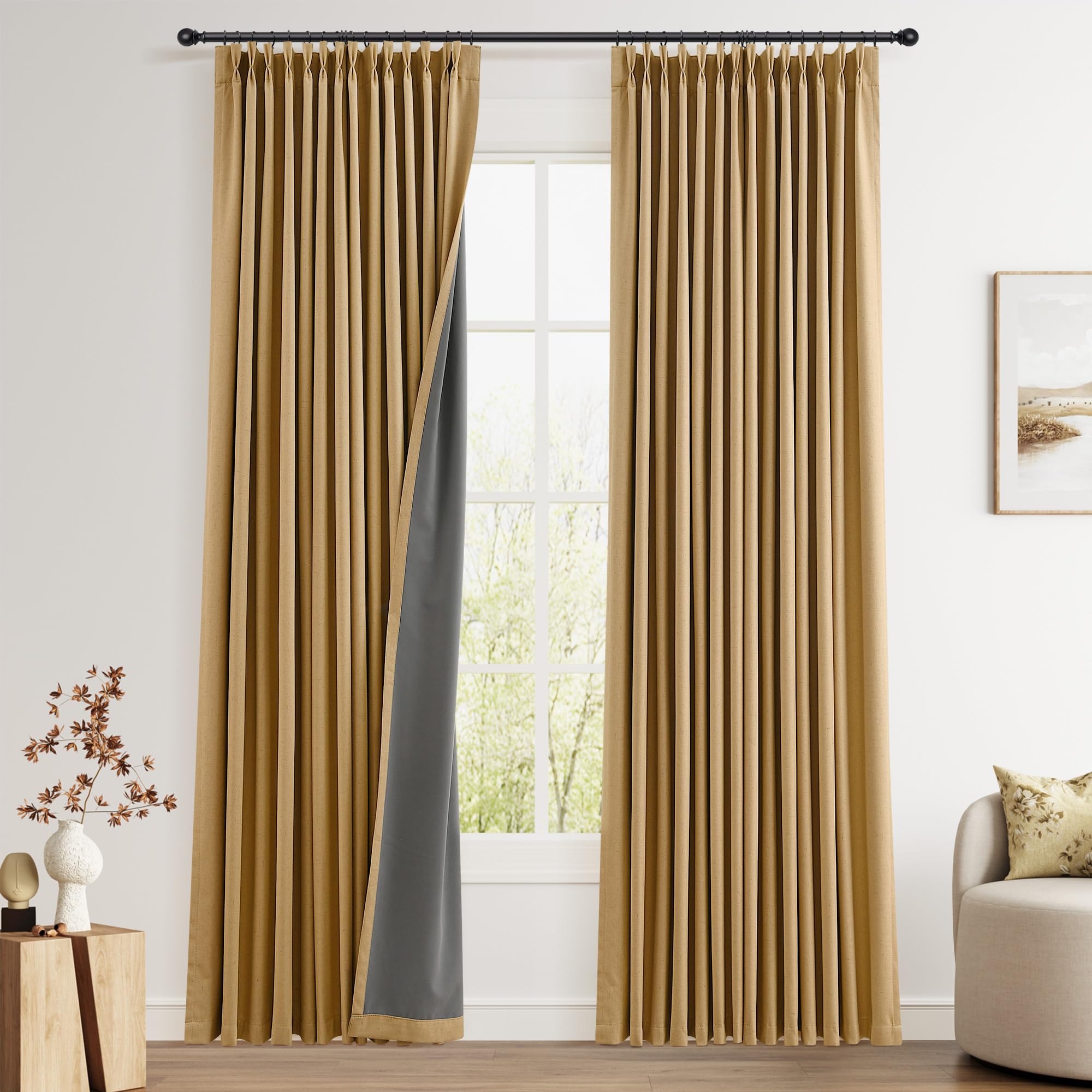 100% Blackout Sage Green Linen Curtains Pinch Pleated Green Blackout Curtains 84 Inches Long for Bedroom Living Room Memory Shaped Thermal Insulated Pinch Pleat Drapes with Hooks Rings Clips 7FT