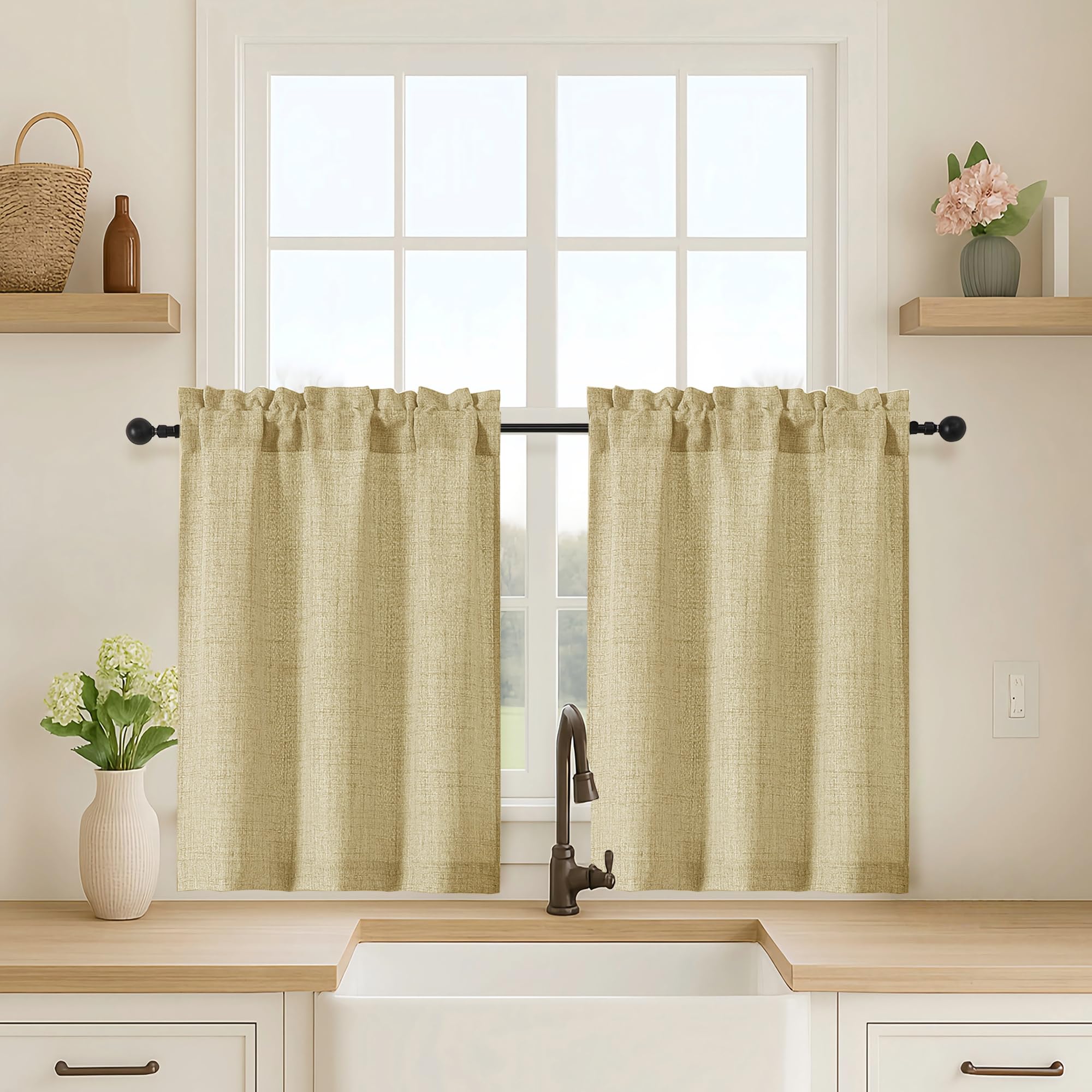 OVZME Kitchen Curtains 24 Inch Length, Light Filtering Faux Linen Textured Small Cafe Curtains, Short Window Curtain Tiers for Cabinet Bathroom Basement RV Camper, 30Wx24L Inch, 2PCS, Terracotta