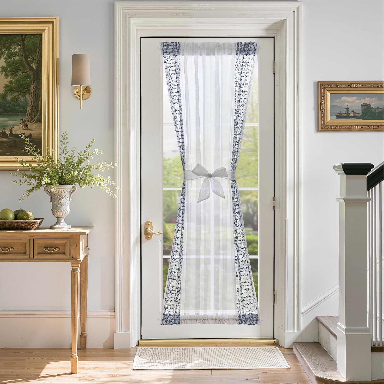 jinchan French Door Curtain Privacy Boho Embroidered Semi Sheer Voile Front Curtain for Window Doorway Closet, Door Panel with Tieback Rod Pocket 1 Panel (White on Beige, 55W x 40L Inch)