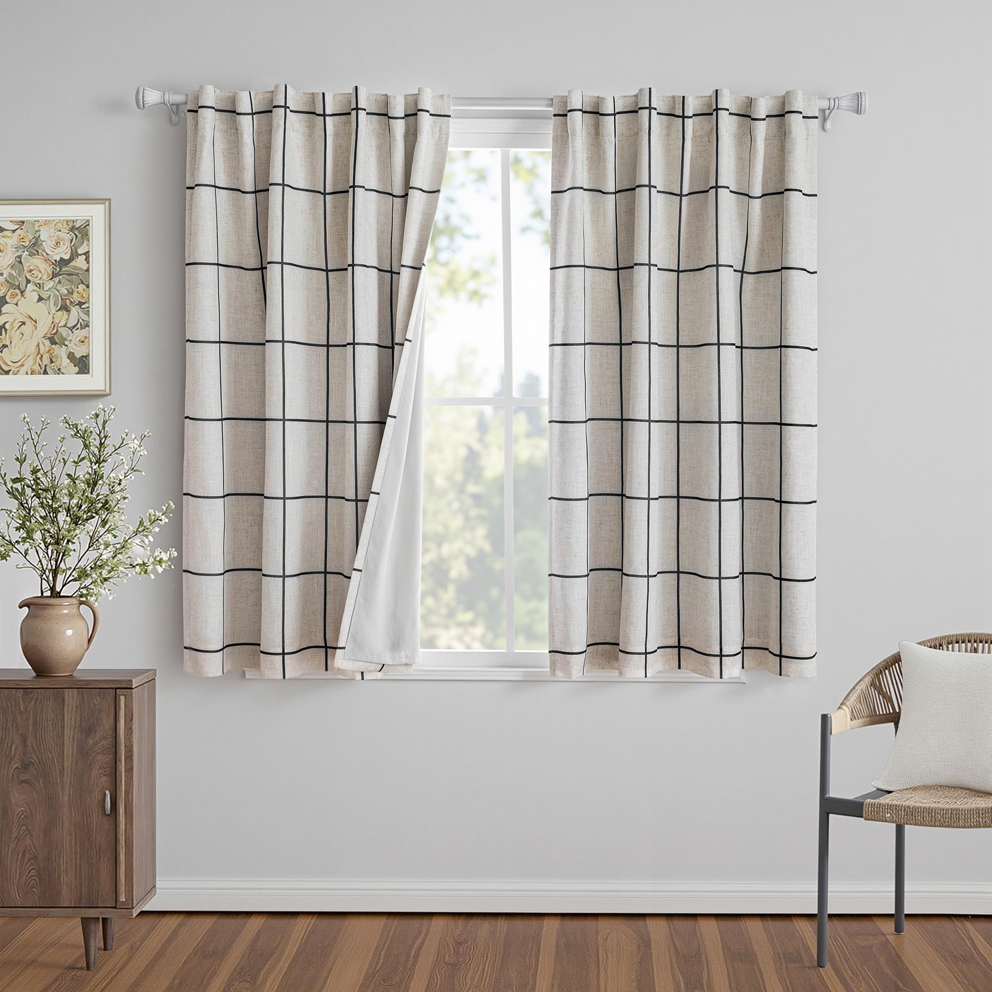 MYSKY HOME 100% Blackout Plaid Farmhouse Linen Curtains 84 Inch Long 2 Panels Set for Living Room Double Layer Windowpane Drapes Thermal Insulated Privacy Protection Rod Pocket Back Tab, 52" W, Black