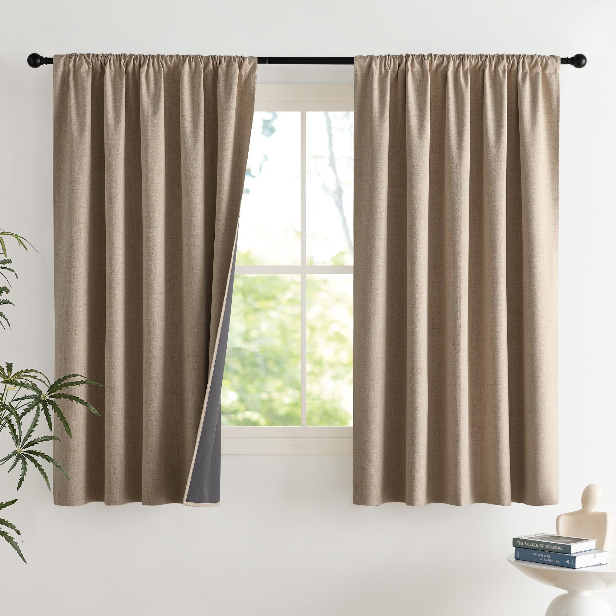 NICETOWN 100% Blackout Curtains for Bedroom, Living Room - Linen Textured Thermal Insulated Drapes Rod Pocket Top, Black Out Curtains with Grey Liner for Privacy, Natural, W52 x L80 in, 2 Panels