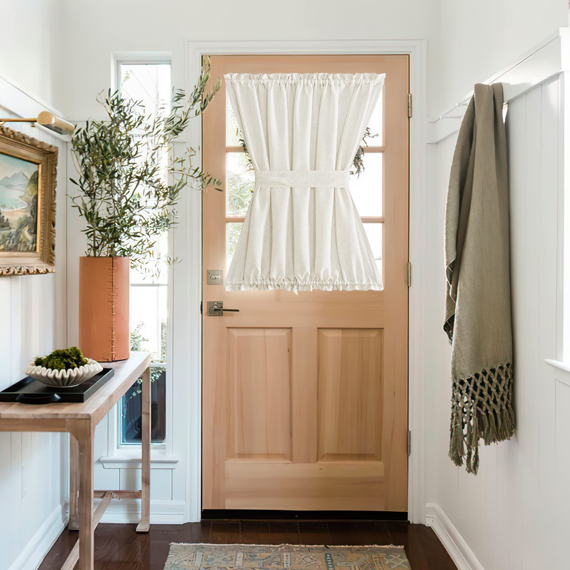NICETOWN Front Door Curtain - Soft Beige Linen Weave Pattern Door Shade for Windows Light Filtering Rod Pocket French Window Cover for Entryway/Garage with Tieback, 1 Panel, 26" W x 40" L