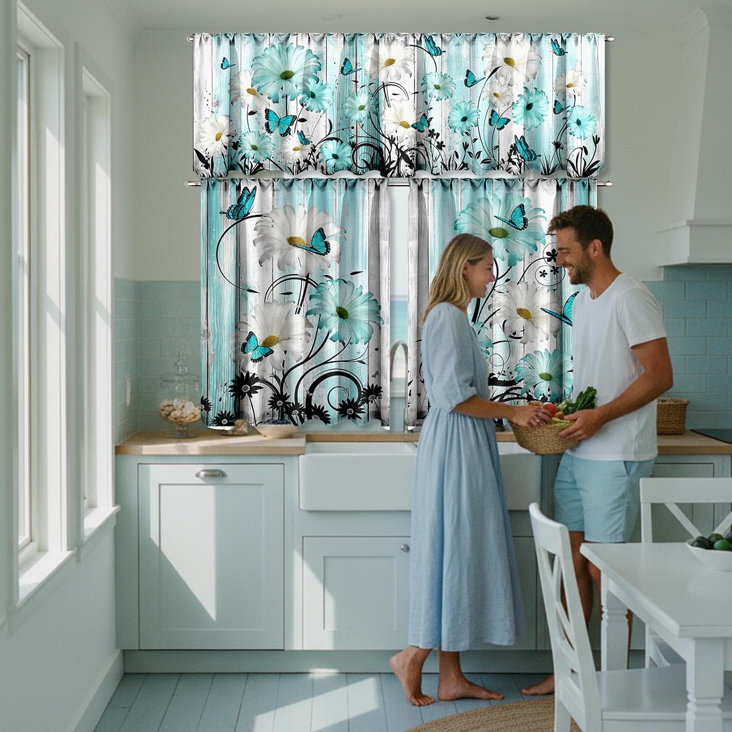Breling 3 Pcs Teal Daisy Kitchen Curtains Valances and Tiers Set for Windows Spring Daisy Garden Flying Butterflies Boots Blue Decor Short Curtain Set for Bedroom Window Turquoise Decor Party Supplies